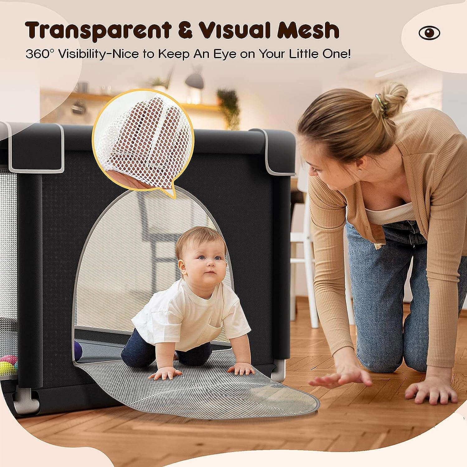 Upgraded 320D Washable Baby Playpen with Padding Mat, 6in1 Large Playpen for Toddlers, Sturdy & Safe Playpen with Padded Cotton Top Rod for Protecting Babies, Baby Play Yard with Zipper Gate