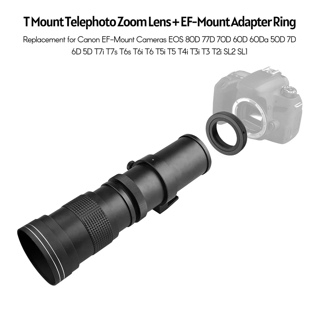 Suzicca Camera MF Super Telephoto Zoom Lens F/8.3-16 420-800mm T Mount with Adapter Ring Universal 1/4 Thread Replacement for Canon EF-Mount Cameras 80D 77D 70D 60D 60Da 50D 7D 6D 5D T7i T7s T6s T6
