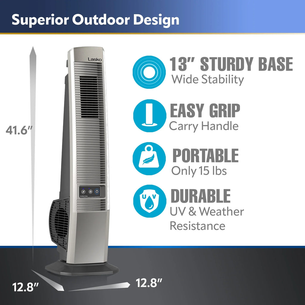 Lasko 42" Outdoor Living Tower Fan for Decks and Patios with 4 Speeds, Beige, YF202, New