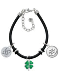Delight Jewelry Silvertone Translucent Green Lucky Four Leaf Clover Dome Best Teacher Ever Black Rubber Charm Bracelet