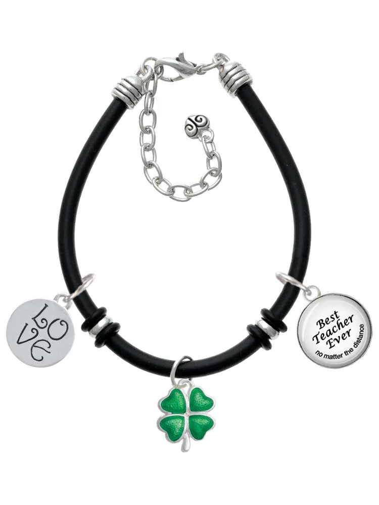 Delight Jewelry Silvertone Translucent Green Lucky Four Leaf Clover Dome Best Teacher Ever Black Rubber Charm Bracelet