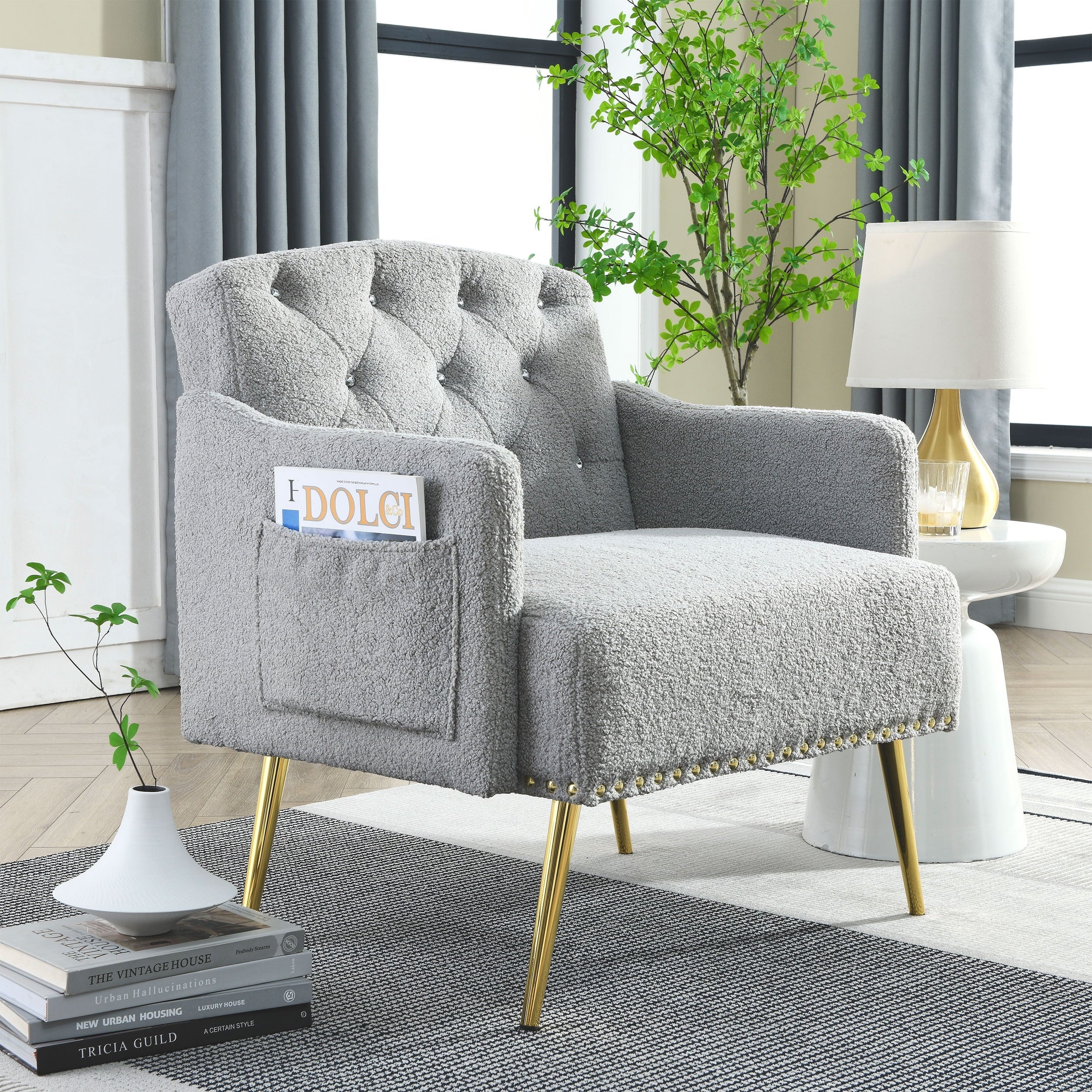 30 "W Modern Chesterfield Tufted Upholstered Chair with Deep Buttons, Living Room Chair, Comfortable Armchair, Gold Hardware Legs, Tufted Chair for Reading or Relaxing, GREY TEDDY