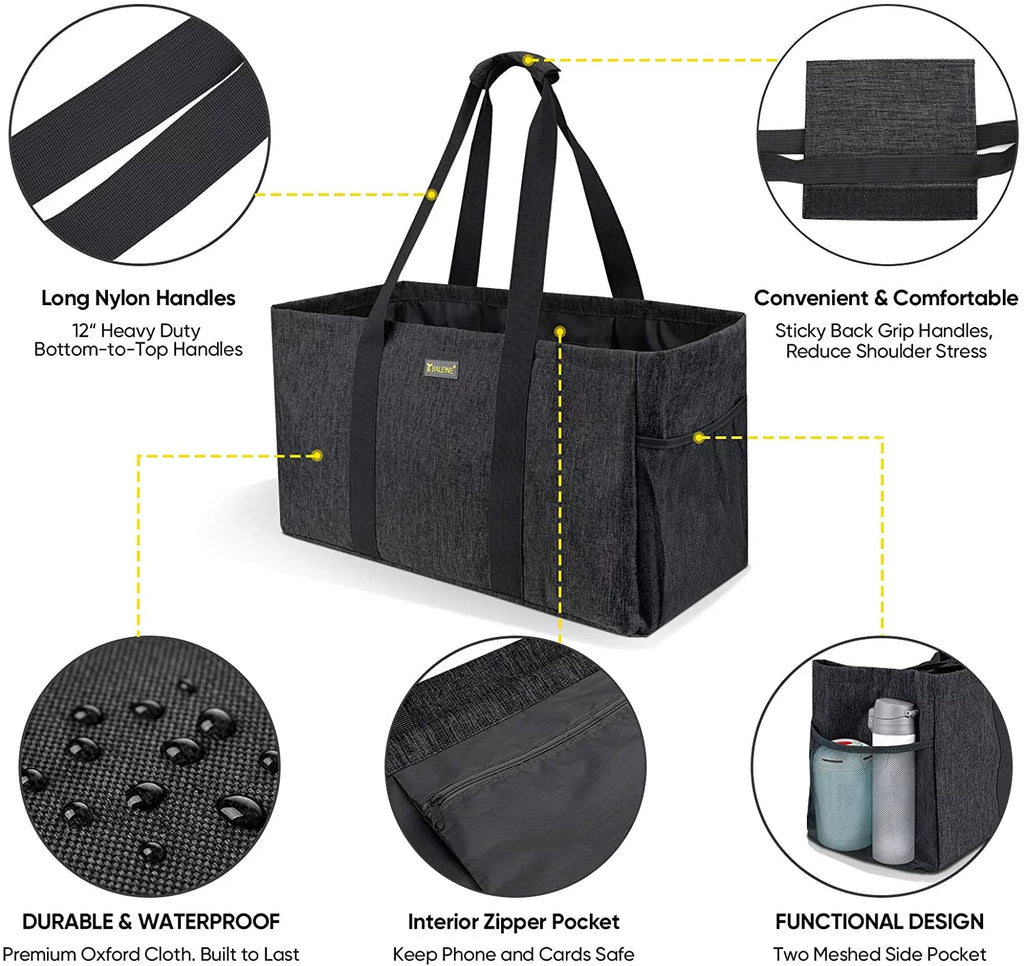 BALEINE Reusable SOFT Utility Tote with Reinforced Handles, Eco Friendly Collapsible Foldable & Washable Grocery Storage Bag, Extra Storage For Phone & Keys with Inner & Side Pockets (Black)