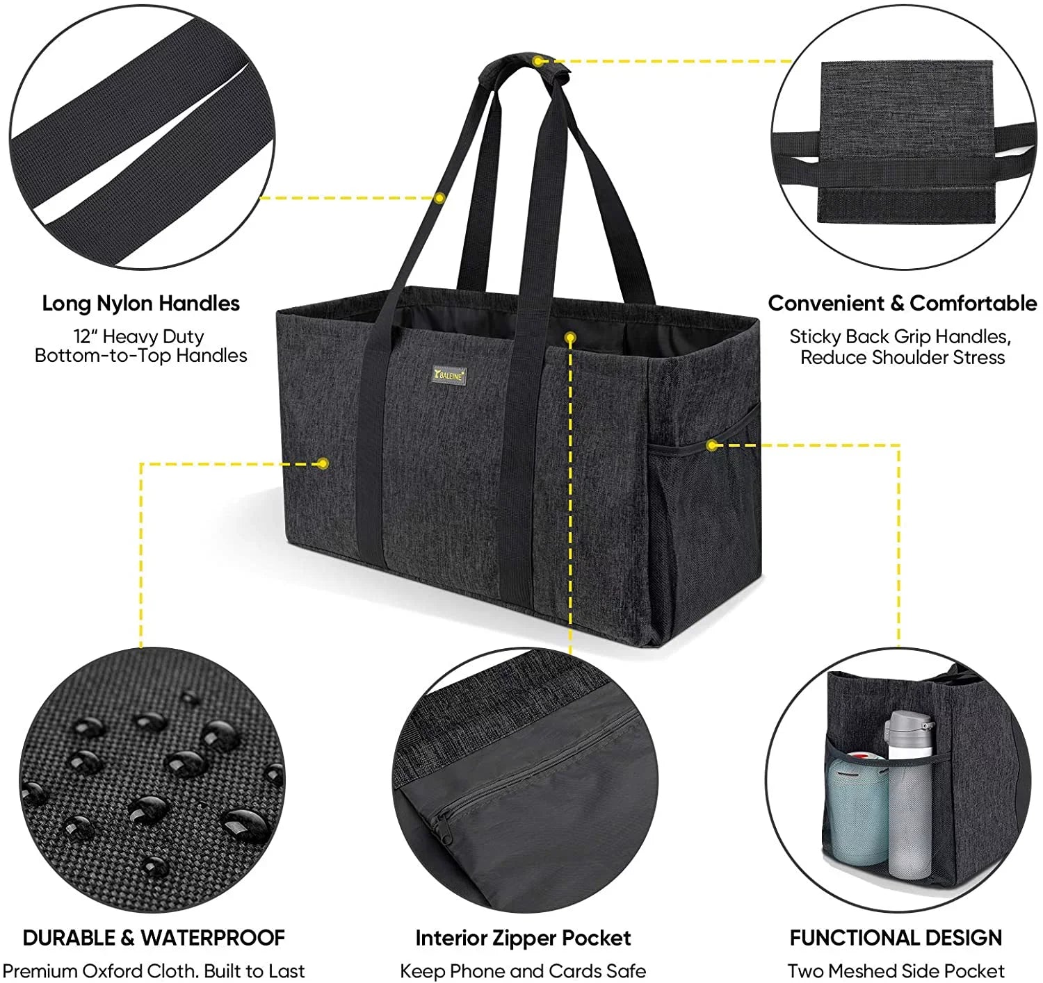 BALEINE Reusable SOFT Utility Tote with Reinforced Handles, Eco Friendly Collapsible Foldable & Washable Grocery Storage Bag, Extra Storage For Phone & Keys with Inner & Side Pockets (Black)