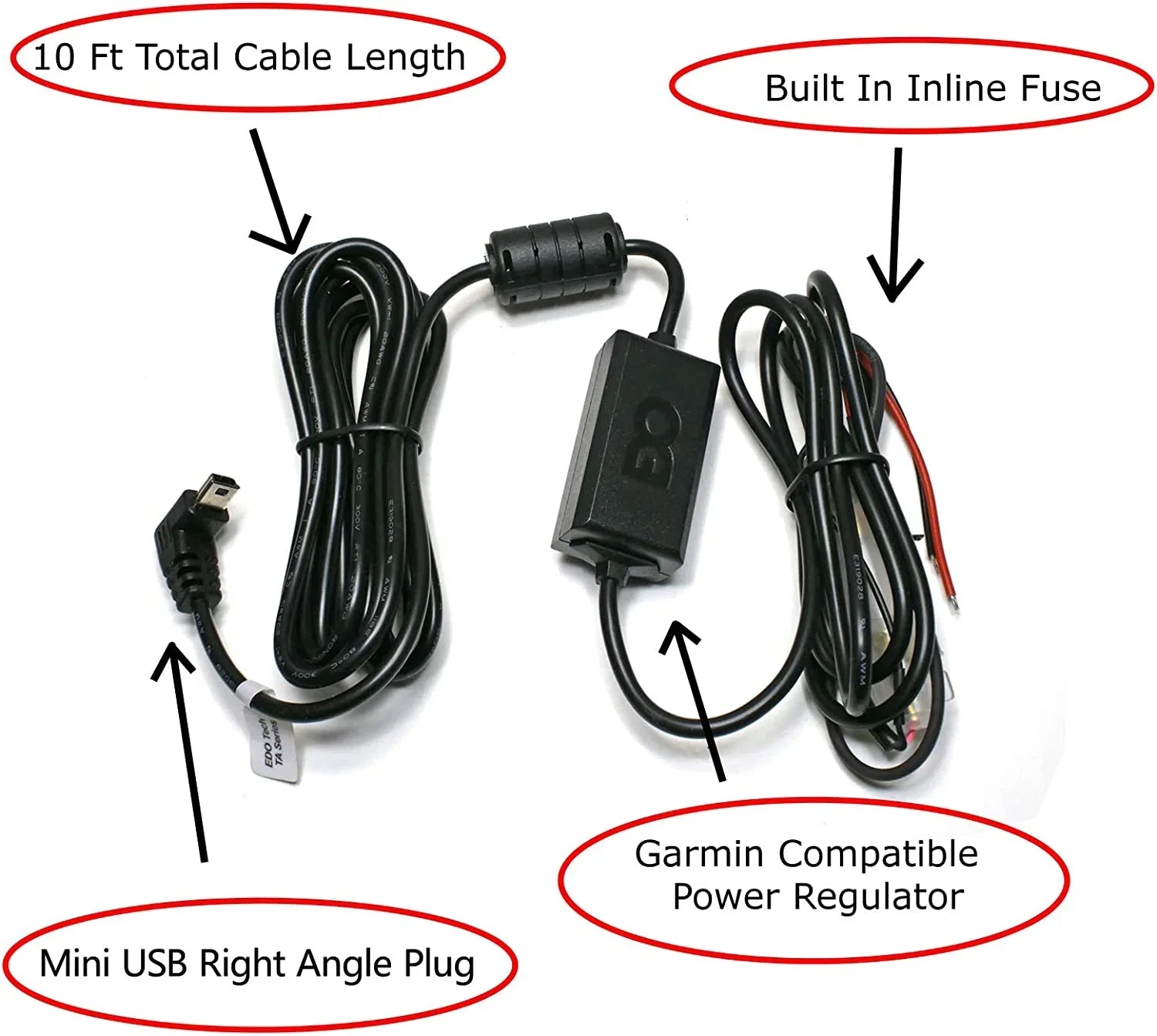 EDO Tech Direct USB Hardwire Car Charger Power Cord Kit for Garmin Nuvi 40lm 50lm 52lm 57lm 2597lmt 2595lmt Drive 51lm