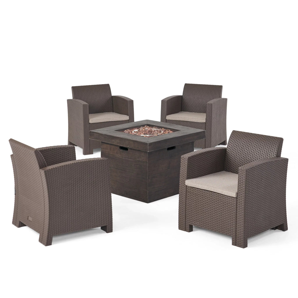 Ollie Outdoor 4-Seater Wicker Club Chat Chair Set with Fire Pit, Brown and Mixed Beige