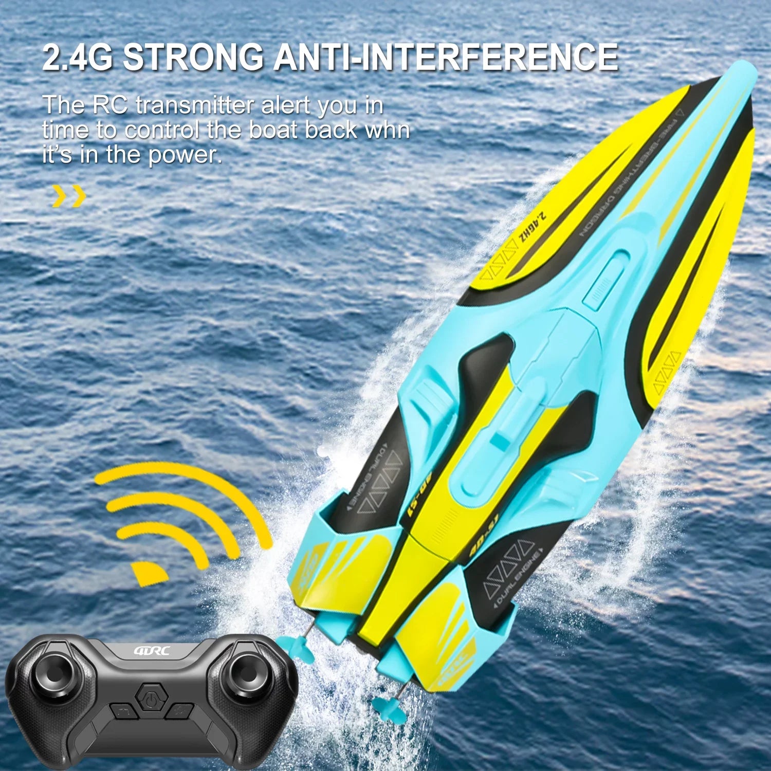 4DRC S1 RC Vessel - Remote Control Ship for Pools and Lakes, 4 Channel 2.4GHZ Remote Control, and Rechargeable Watercraft Battery，Yellow