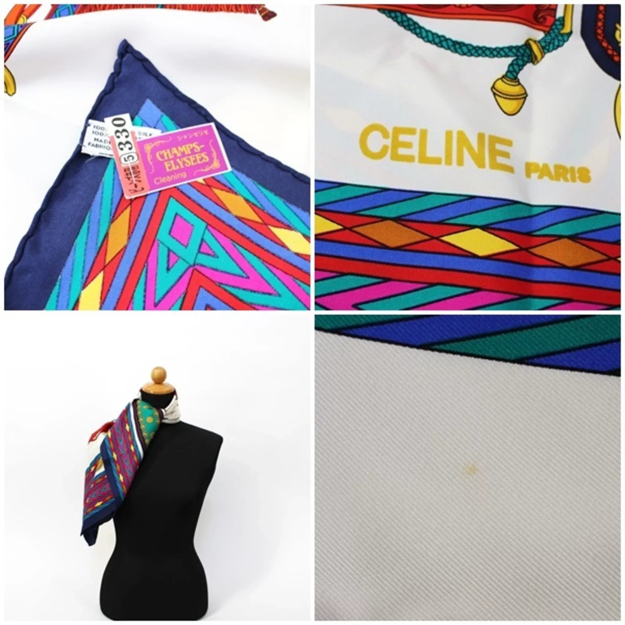 Pre-Owned Celine Silk Scarf Muffler White x Navy CELINE | Ladies (Good)