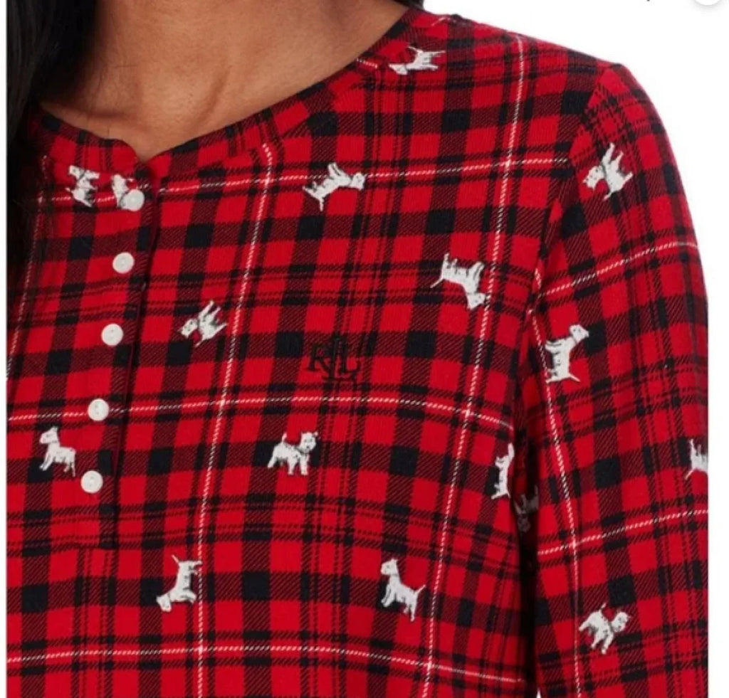 Lauren Ralph Lauren Women’s Brushed Knit Henley Pajama Set Dog, Red Plaid, X-Small