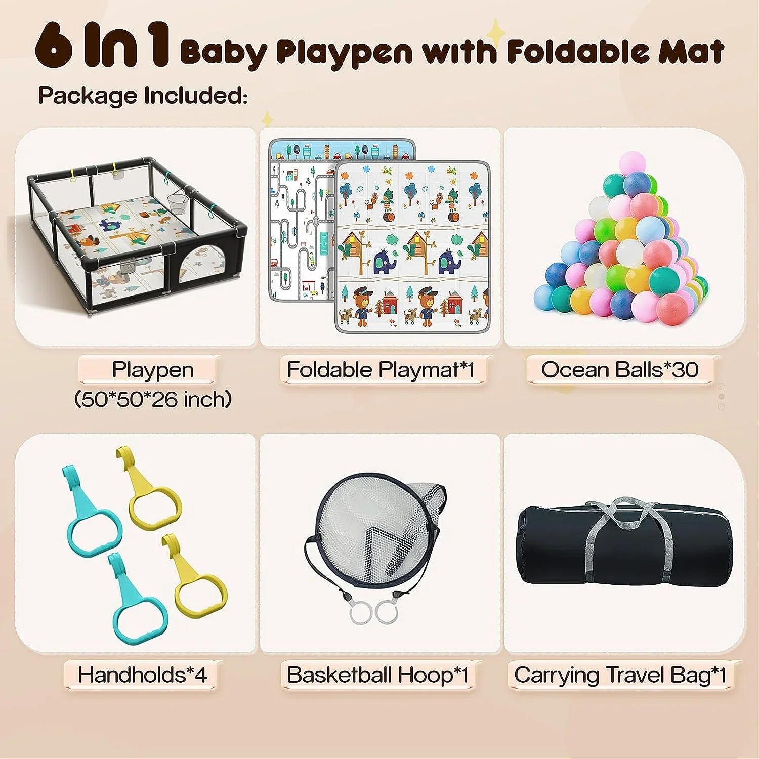 Upgraded 320D Washable Baby Playpen with Padding Mat, 6in1 Large Playpen for Toddlers, Sturdy & Safe Playpen with Padded Cotton Top Rod for Protecting Babies, Baby Play Yard with Zipper Gate