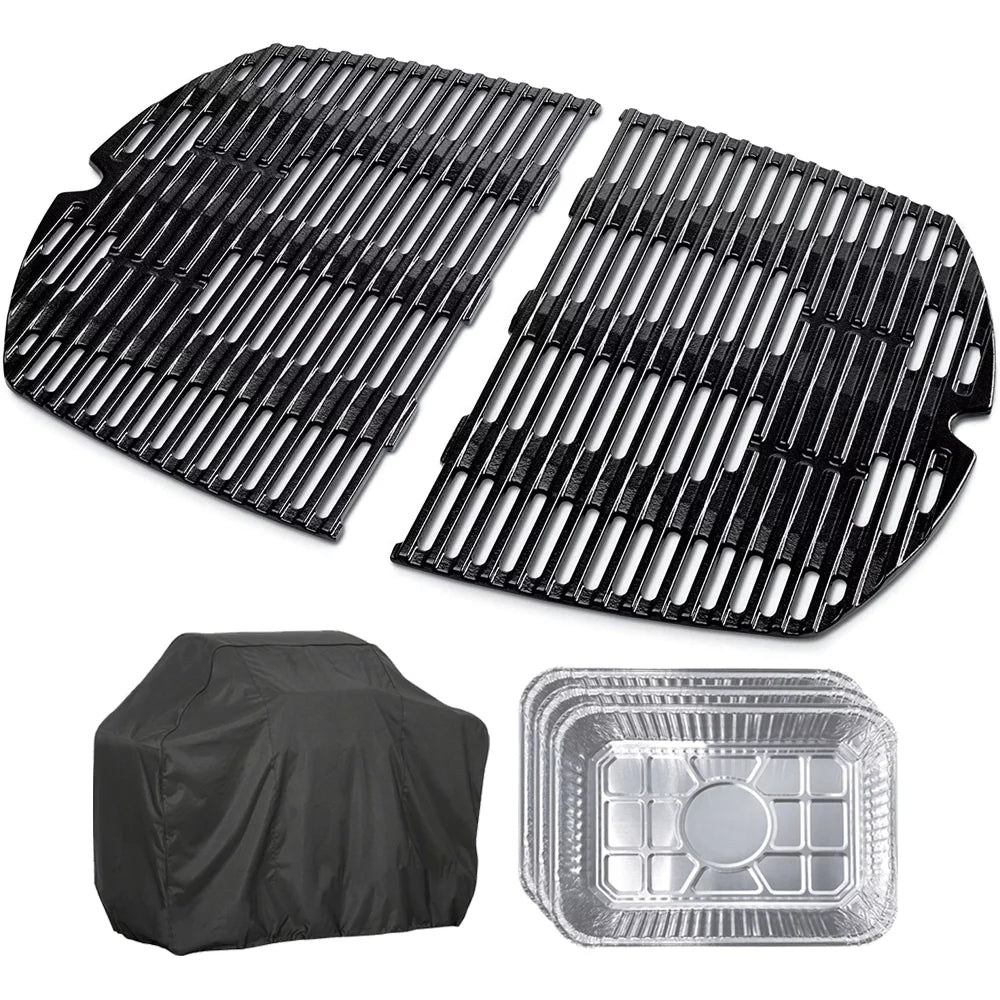 Weber 7646 Cast Iron Cooking Grates for Weber Q 300/3000 Series Grills Bundle with Generic Aluminum Drip Pans Set of 3 and Grill Shield Barbecue Waterproof Outdoor Protection