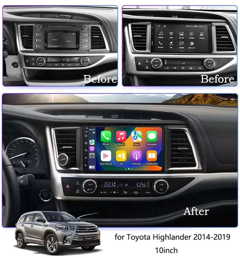 Car Radio for Toyota Highlander 2014-2019 Built-in Carplay/Android Auto, Android 10 Host 4G RAM 64G ROM with WiFi GPS Navigation Bluetooth Steering Wheel Control