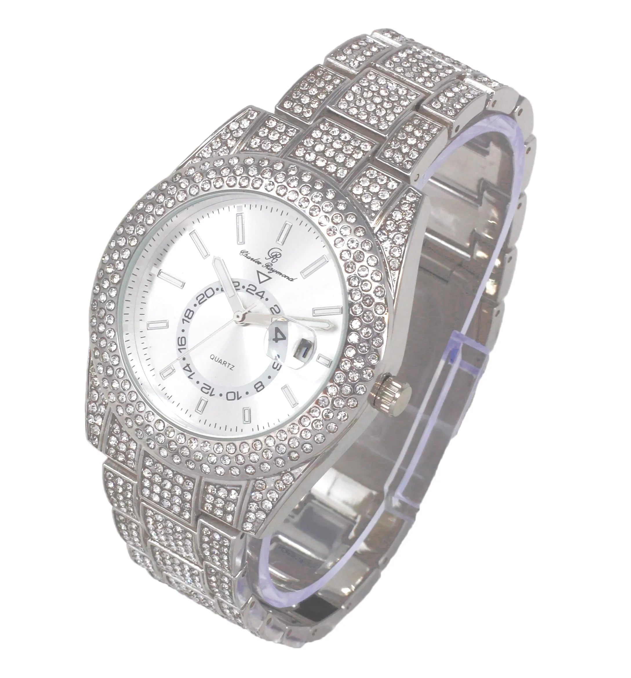 Charles Raymond Ice on Blast! Blinged Out Hip Hop Rolly Looks with Iced Out Wristwatch Trim and Band with Matching Zig Zag Bling'ed Out Necklace Sets - ZZ Necklace Sets - Silver