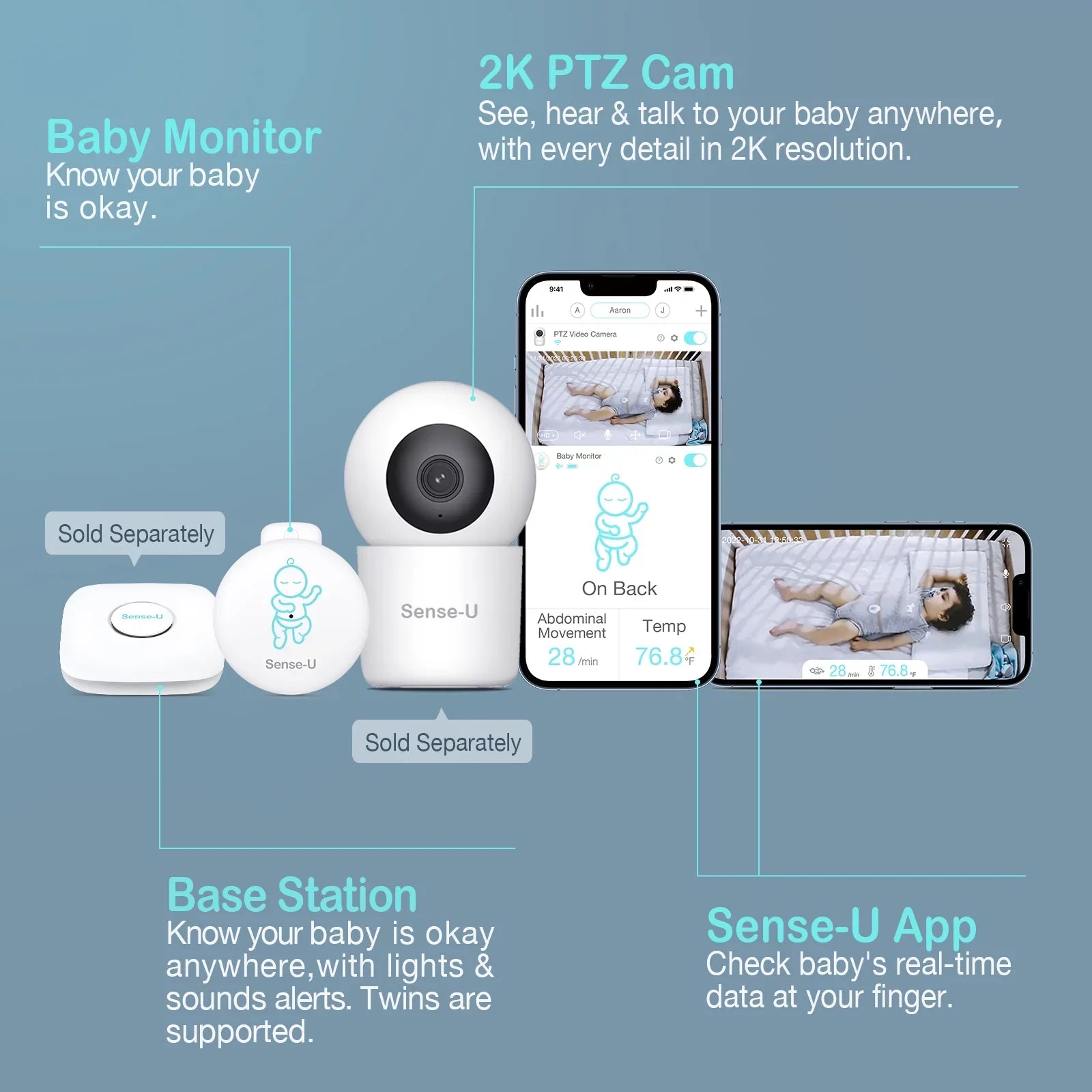 Sense-U Smart Baby Abdominal Movement Monitor - Tracks Baby's Abdominal Movement, Temperature, Rollover and Sleeping Position for Baby Safety with Instant Audio Alerts on Smartphones, Pink
