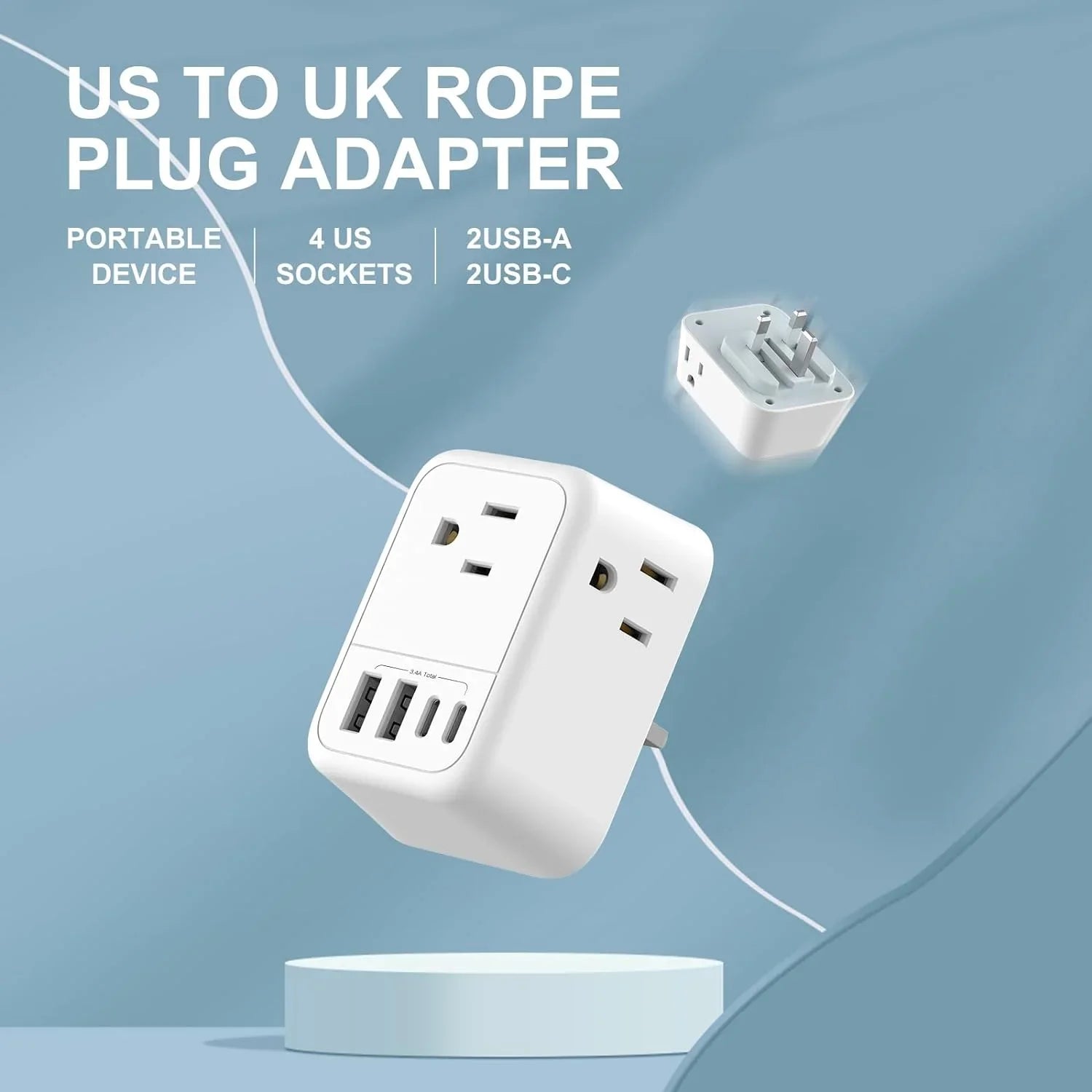 US to UK Plug Adapter, Foldable UK Travel Plug Adapter, Type G Power Adapter with 4 Outlets 4 USB Ports(2 USB C) Travel Essentials Plug with Bag for USA to Qatar Ireland England Kenya Dubai London