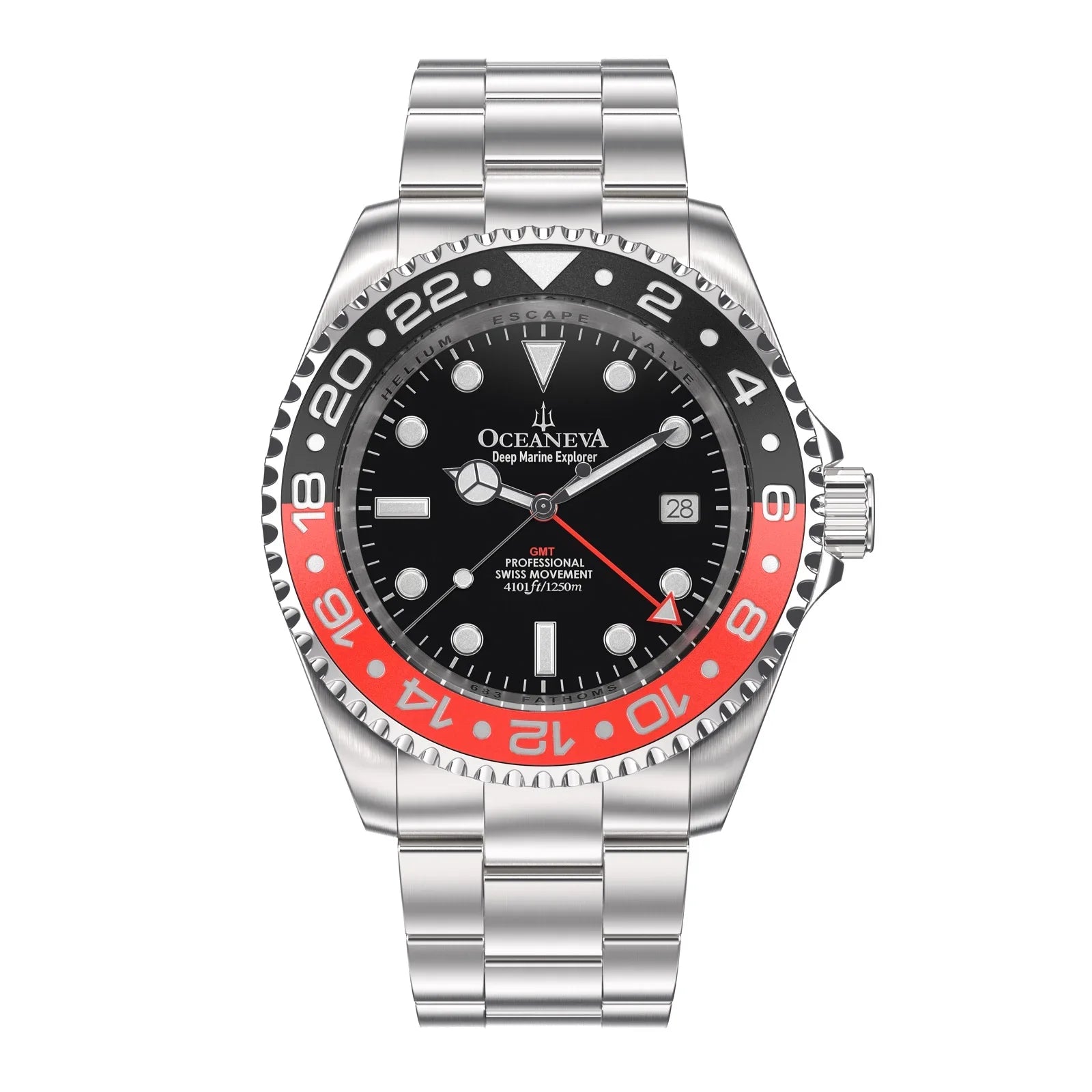 Oceaneva™ Men's GMT Deep Marine Explorer 1250M Pro Diver Watch Red and Black- Quartz, Swiss Movement Stainless Steel Bracelet