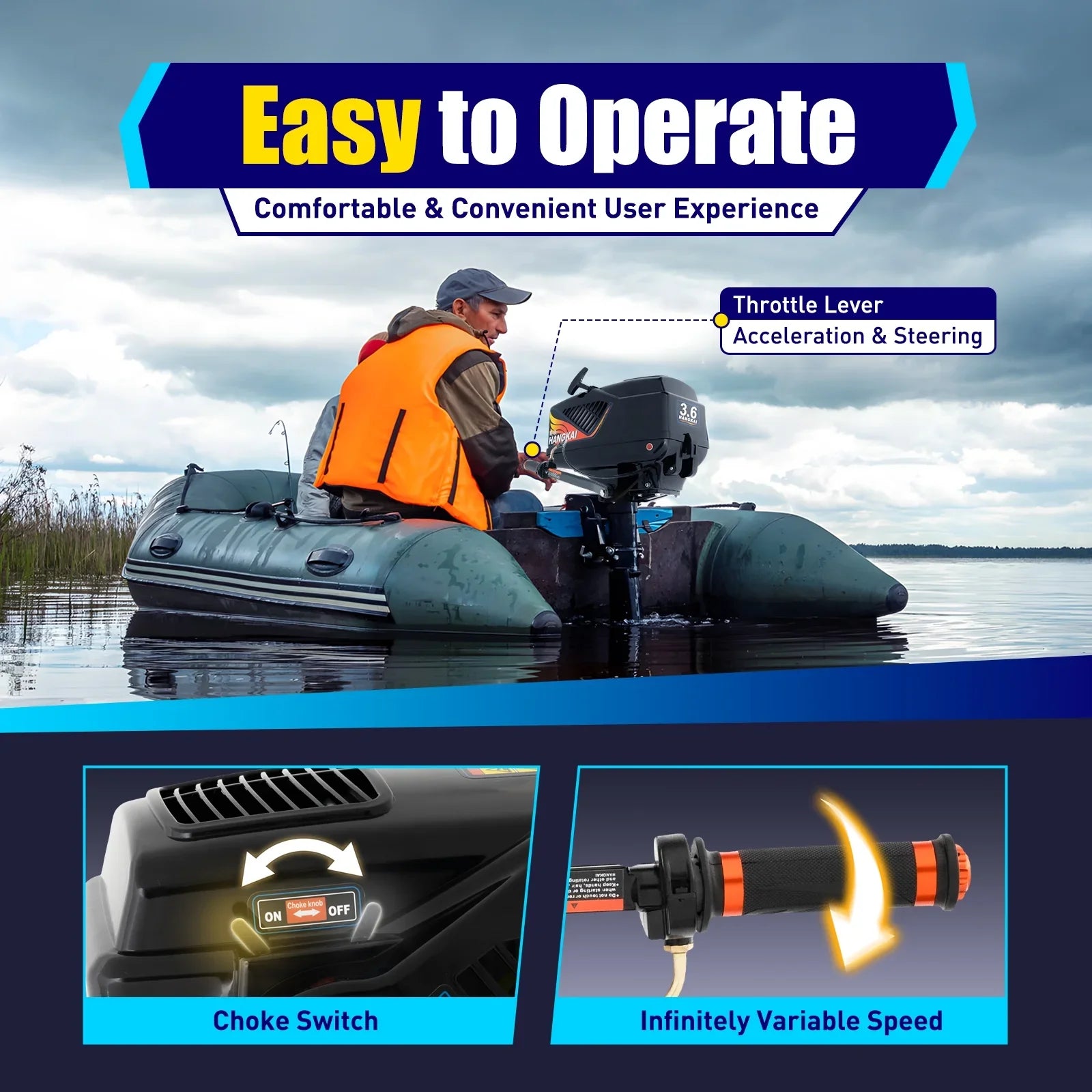 2 Stroke 3.6 HP Gasoline Outboard Motor, 55cc Fishing Ship Engine with Water Cooling System Clutch Control Black