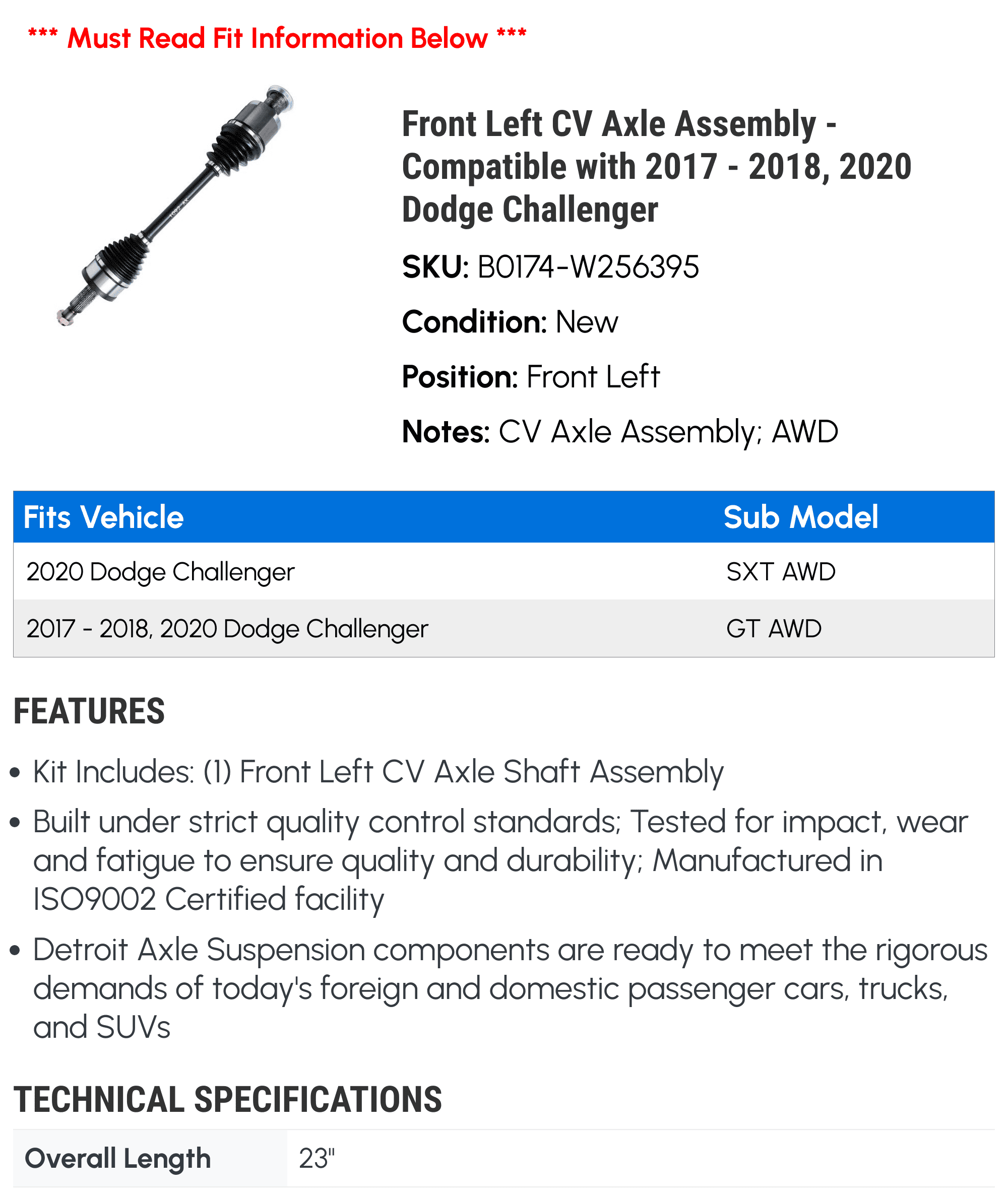 Front Left CV Axle Assembly - Matching with 2017 - 2018, 2020 Dodge Challenger