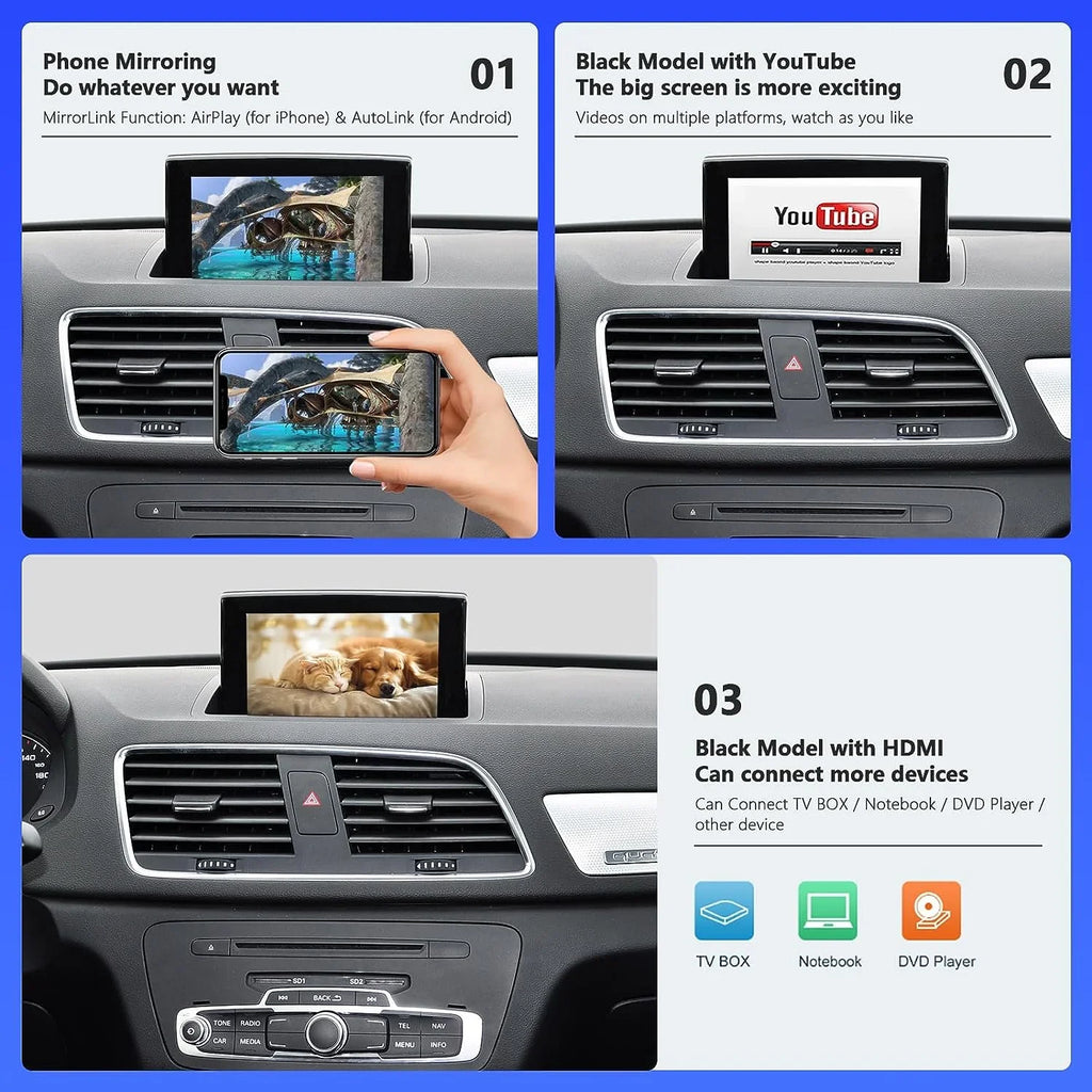 Road Top Wireless Carplay Android Auto Module for Audi Q3 2014-2018 Year with MMI 3G, (HN+ Car Software Version), Carplay Retrofit Kit Decoder, Support Mirrorlink, Camera