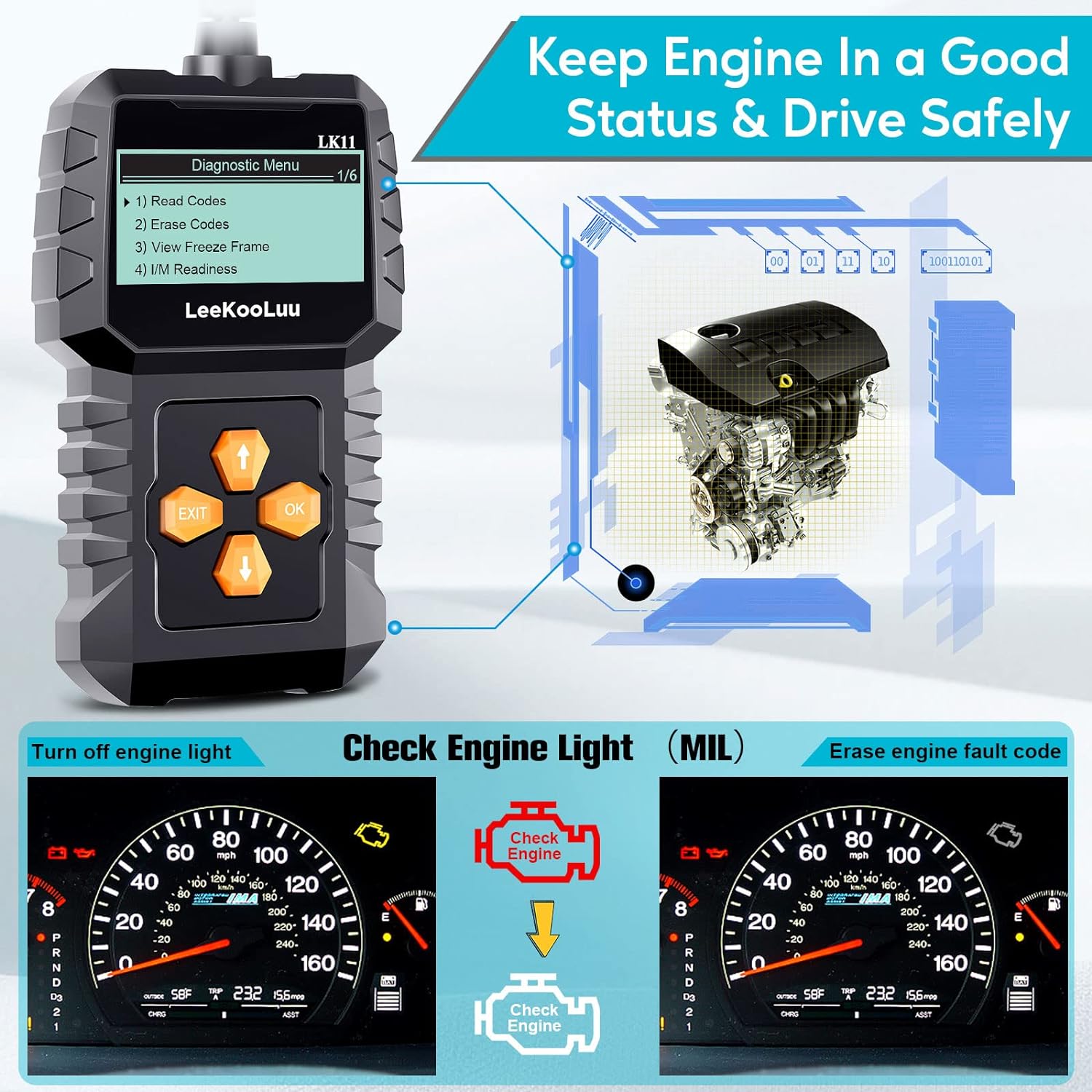 OBD2 Scanner Clear Reset Engine Alert Code - Plug and Play Easy to Setup Use Professional Code Reader Scan Diagnostic for Cars Since 1996 with Freeze Frame/I/M Readiness - LeeKooLuu LK11