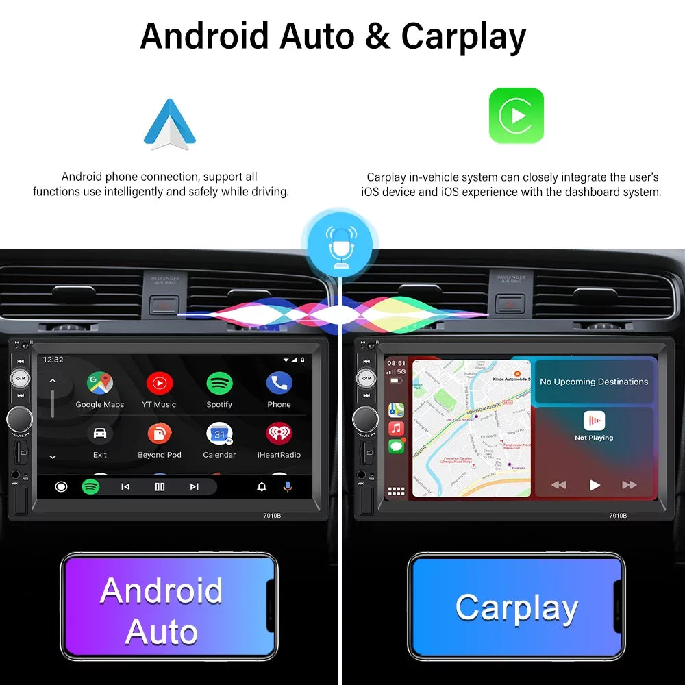 Podofo Double 2 Din 7'' Universal Car Stereo Radio Apple Carplay Android Auto Mirror Link HD Touch Screen Car Audio Multimedia Player MP3 MP5 Bluetooth FM USB(Rear Camera Not Included)