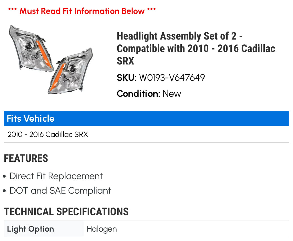 Headlight Assembly Set of 2 - Fitting with 2010 - 2016 Cadillac SRX 2011 2012 2013 2014 2015