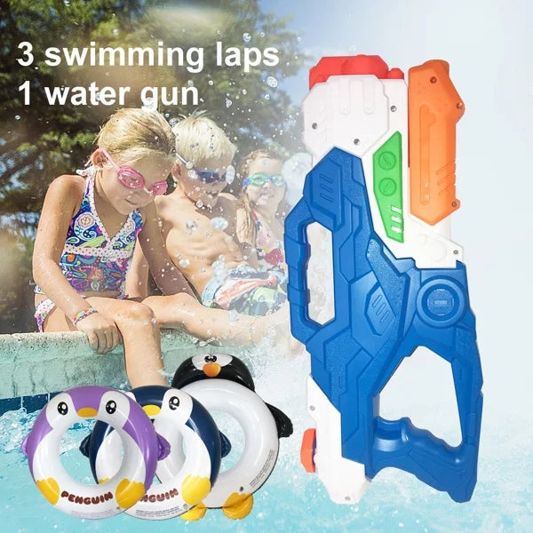 Yejaeka Kids 3 Penguin Print Swim Ring + 1 Large Capacity Water Gun