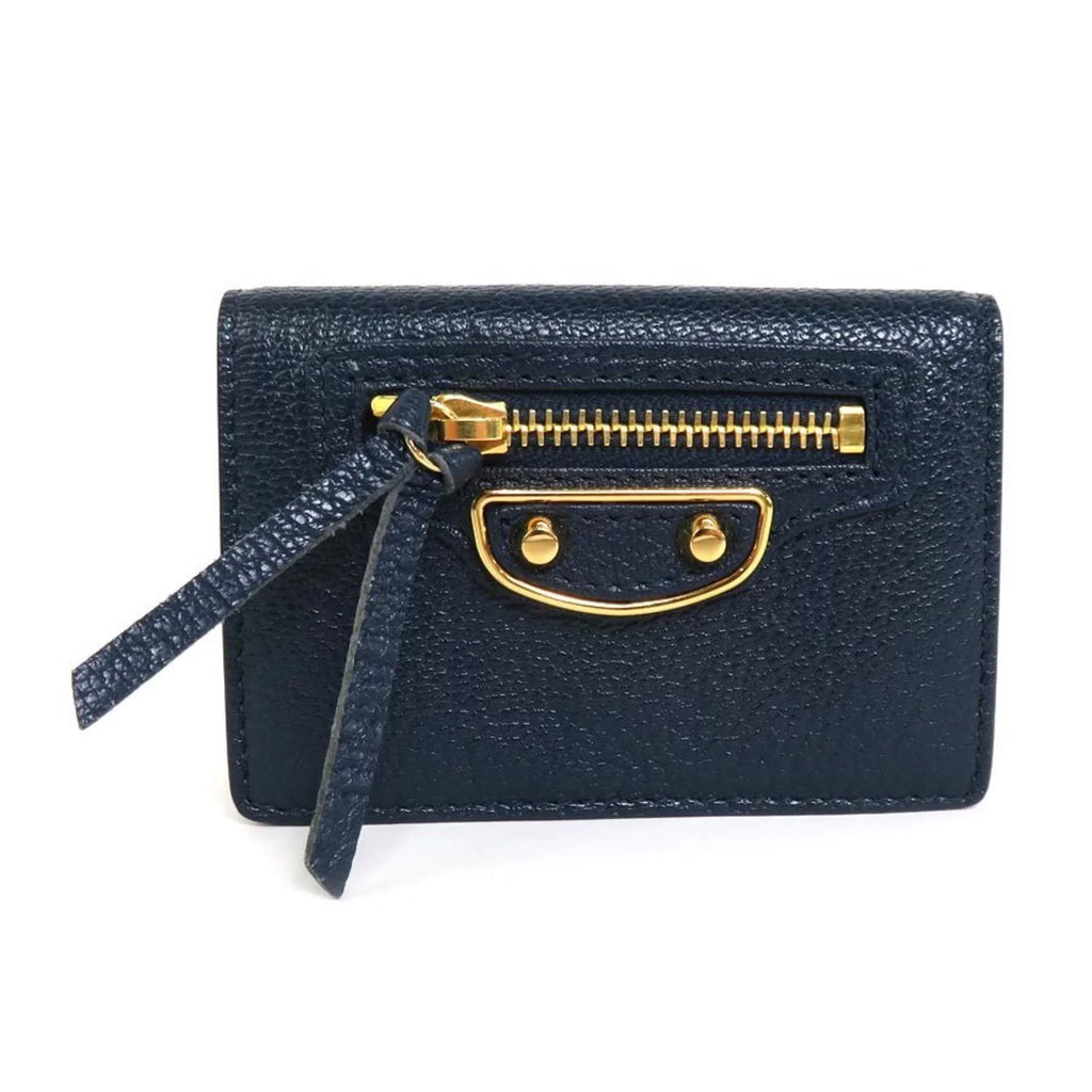 Pre-Owned Balenciaga BALENCIAGA trifold wallet mini leather navy gold (Good)