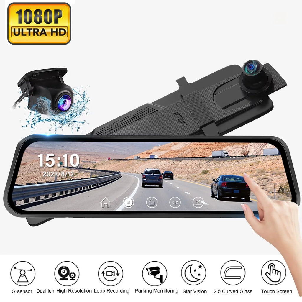 Erago Rear View Mirror Camera, Dash Cam Front and Rear Full Touch Screen FHD 1080p for Car , Waterproof Backup WDR Camera, Night Vision, G-Sensor, Parking Moniter