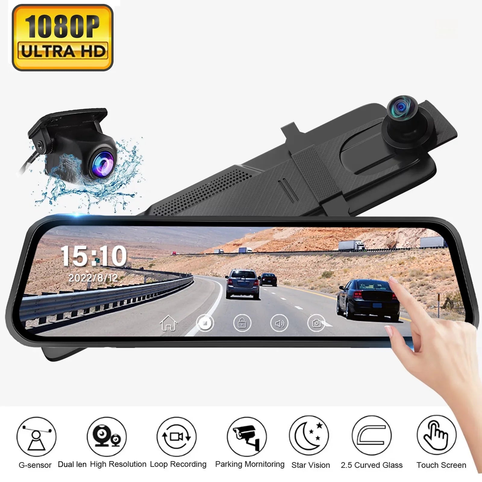 Erago Rear View Mirror Camera, Dash Cam Front and Rear Full Touch Screen FHD 1080p for Car , Waterproof Backup WDR Camera, Night Vision, G-Sensor, Parking Moniter