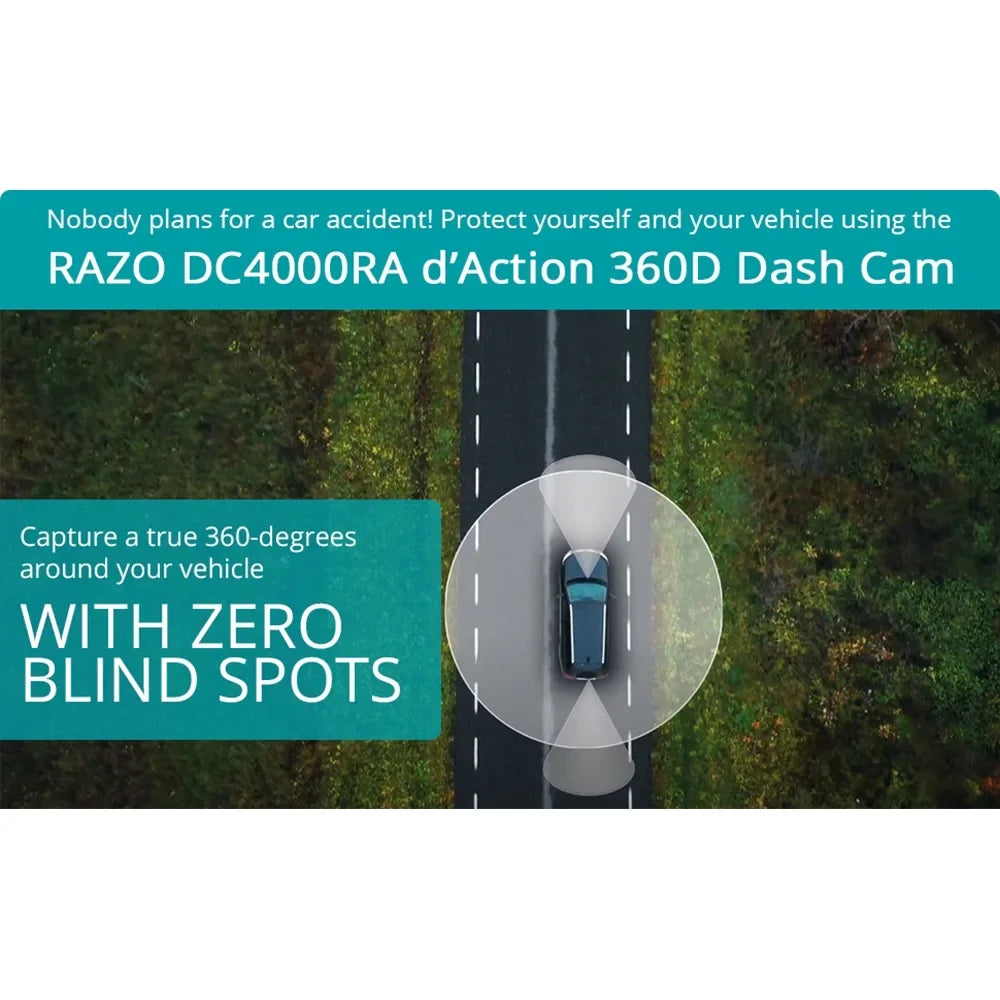 Razo Dash Cam DC4000RA, Simultaneous 3-Ch 360-Degree Recording, Records All Surroundings at Once, Wrap All Blind Spots, Built-in GPS, G-Sensor Impact Detection with 32GB microSD Card - (Open Box)
