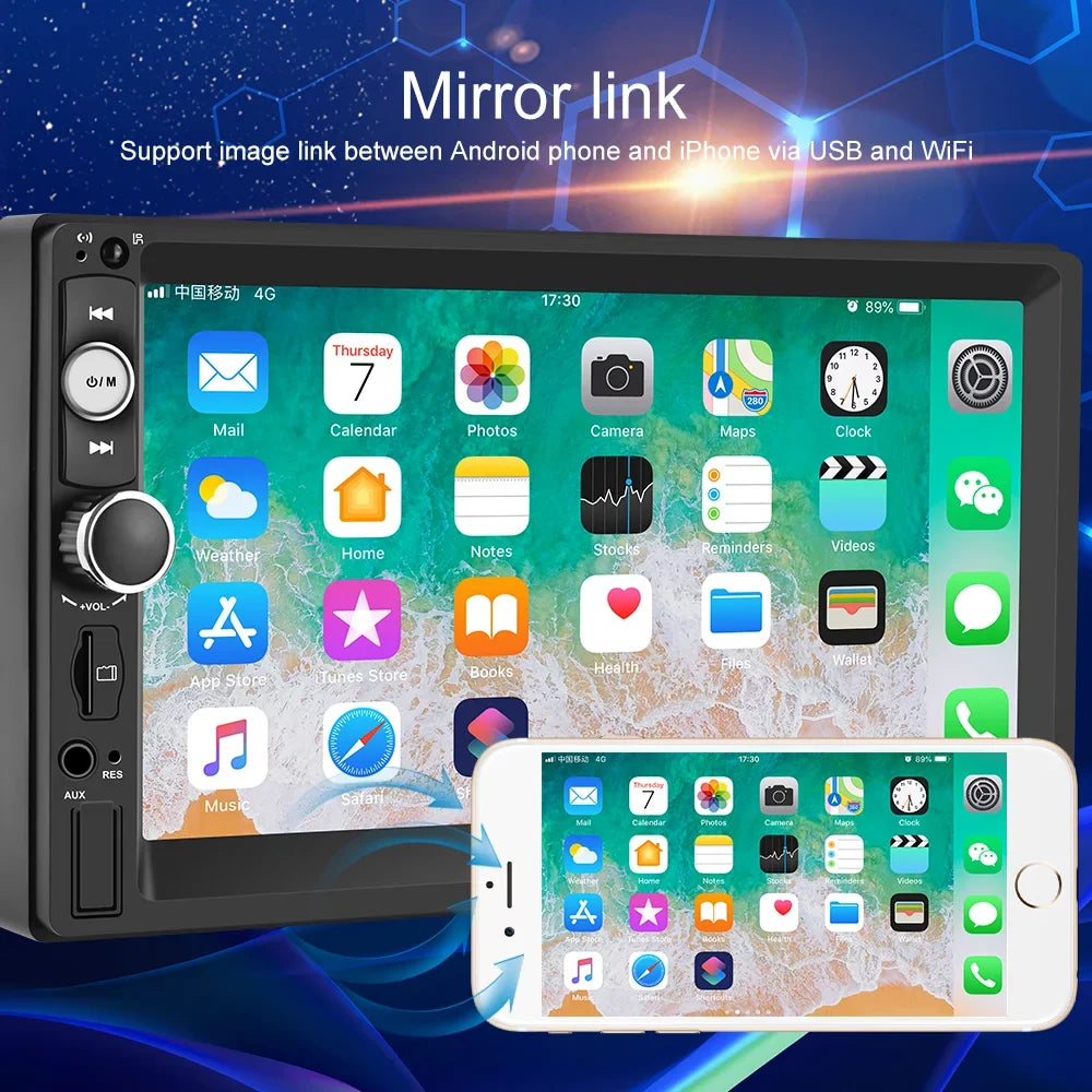 Podofo Double 2 Din 7'' Universal Car Stereo Radio Apple Carplay Android Auto Mirror Link HD Touch Screen Car Audio Multimedia Player MP3 MP5 Bluetooth FM USB(Rear Camera Not Included)