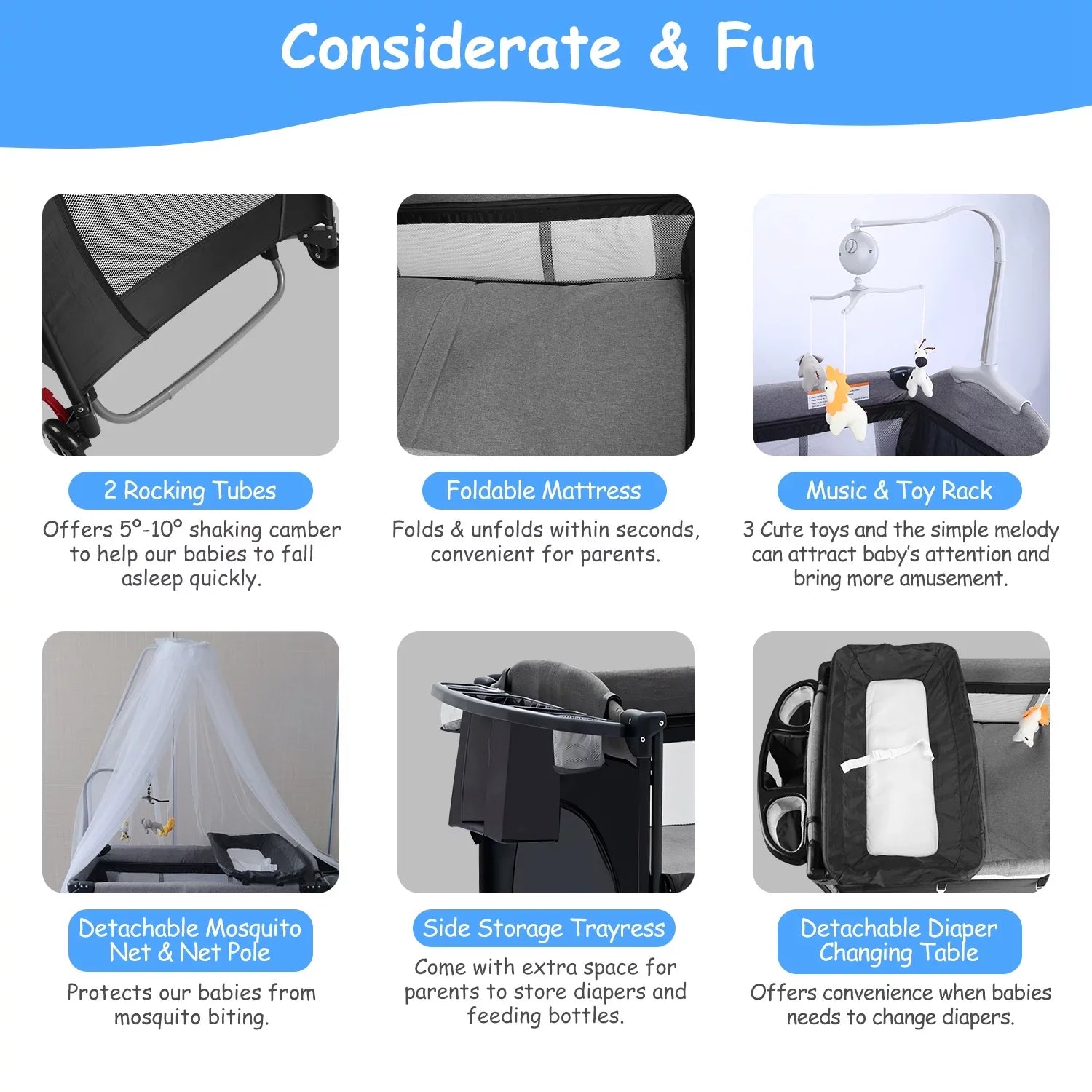 iMounTEK 6 In 1 Portable Babe Nursery Center Play Yard, Foldable Babe Crib Include Wheels, Canopy, Music Box, Toys Storage Trayand Changing