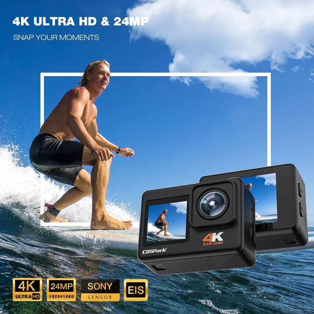 CAMPARK 4K/30FPS 24MP Dual Color Screen Action Camera Ultra HD Wifi Underwater Camera EIS 131FT Waterproof Camera 170 Degree Wide Angle