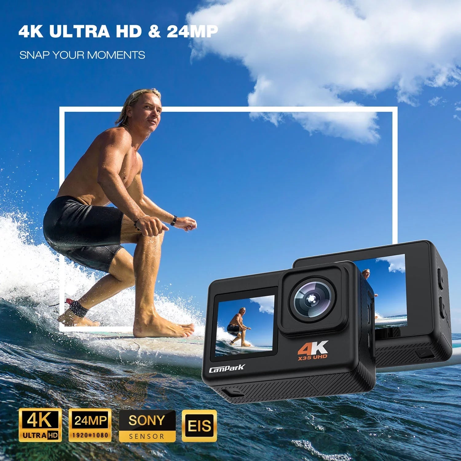 CAMPARK 4K/30FPS 24MP Dual Color Screen Action Camera Ultra HD Wifi Underwater Camera EIS 131FT Waterproof Camera 170 Degree Wide Angle