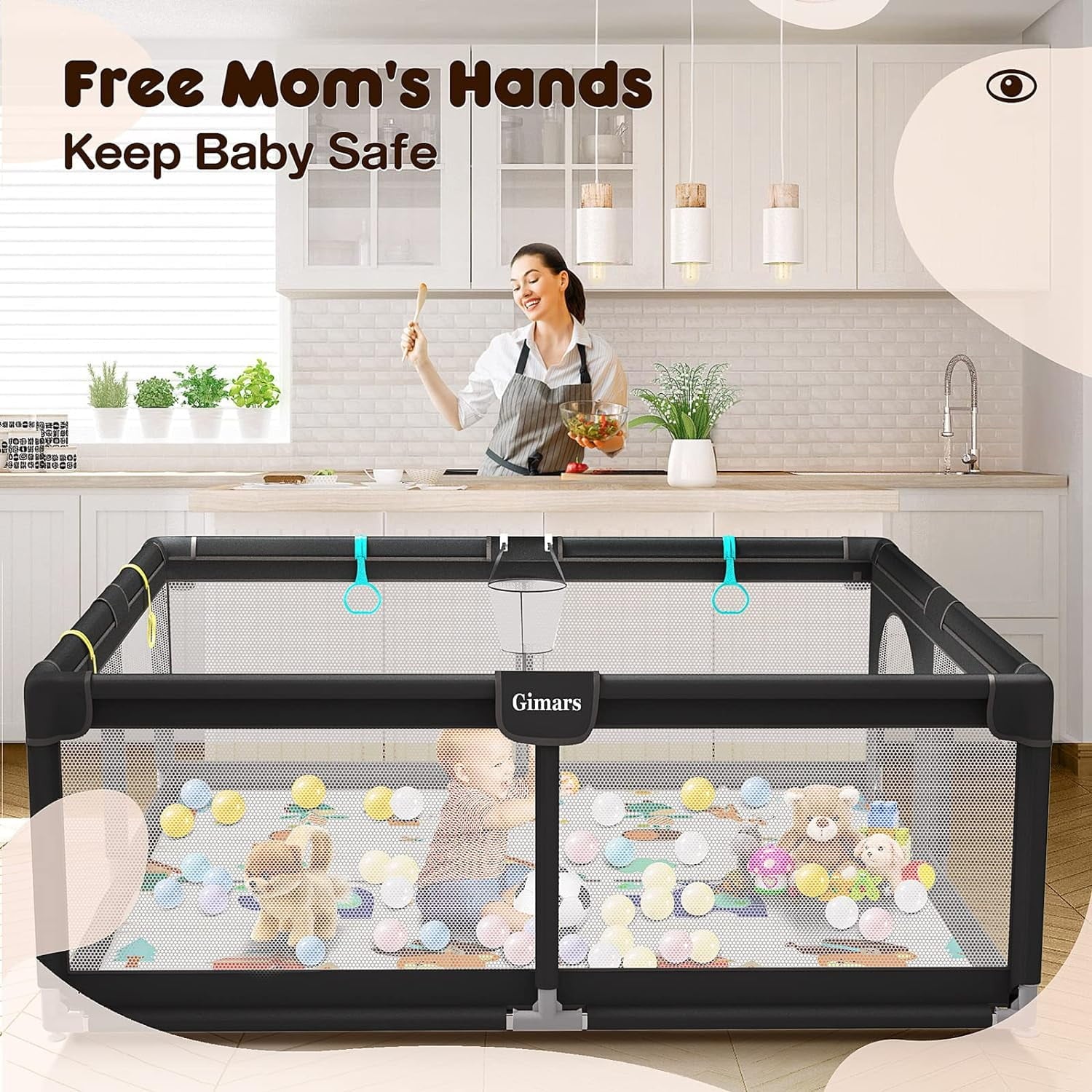 Upgraded 320D Washable Baby Playpen with Padding Mat, 6in1 Large Playpen for Toddlers, Sturdy & Safe Playpen with Padded Cotton Top Rod for Protecting Babies, Baby Play Yard with Zipper Gate