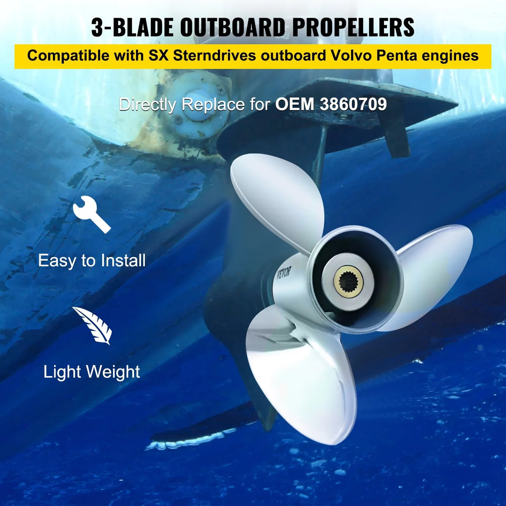 VEVOR Outboard Propeller, 3-Blade 14.5" x 21" Vessel Propeller, Replace for OEM 3860709, Matching with SX Sterndrives Outboard Volvo Penta Engine, Right-handed Steel Propeller Steel & 19 Spline Teeth