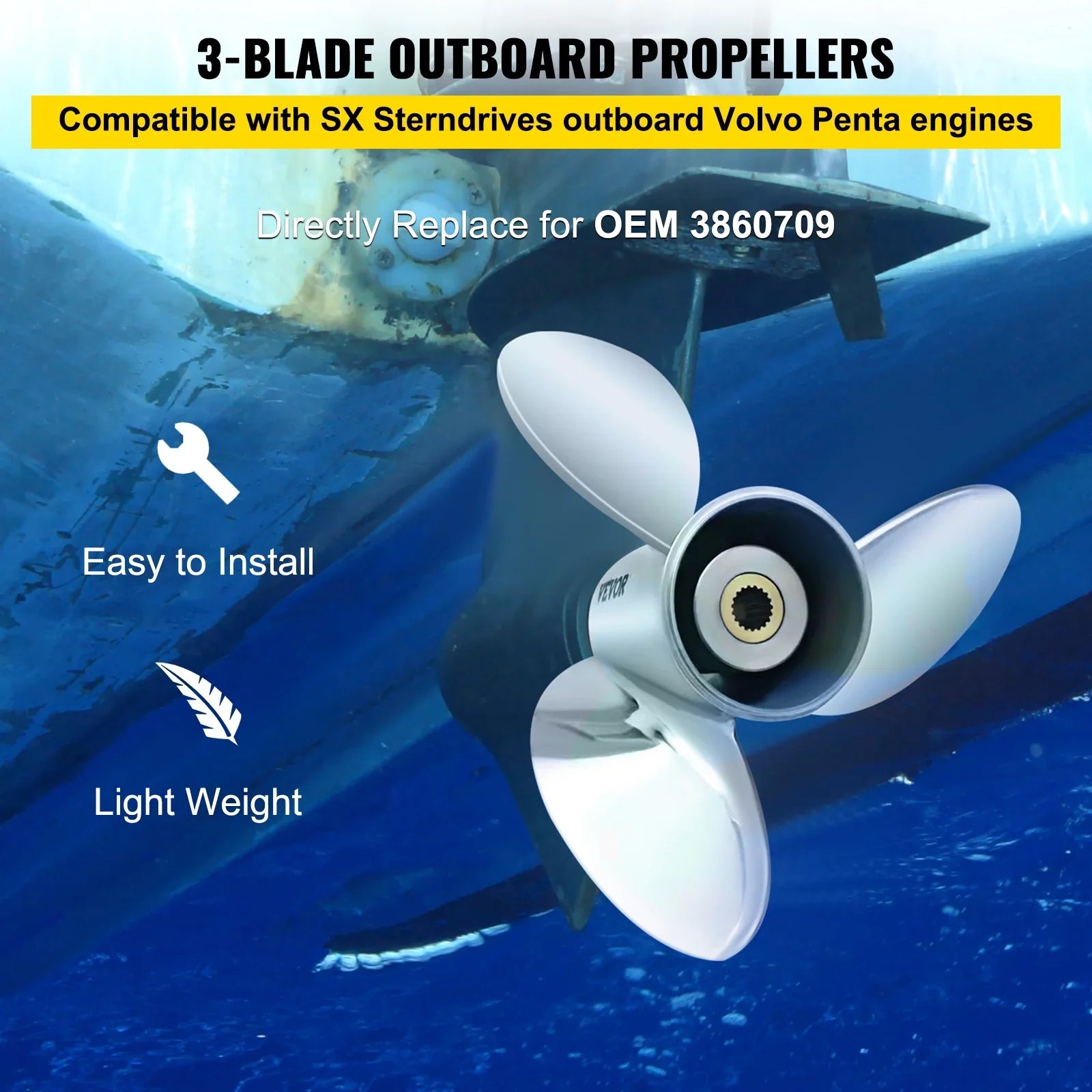VEVOR Outboard Propeller, 3-Blade 14.5" x 21" Vessel Propeller, Replace for OEM 3860709, Matching with SX Sterndrives Outboard Volvo Penta Engine, Right-handed Steel Propeller Steel & 19 Spline Teeth