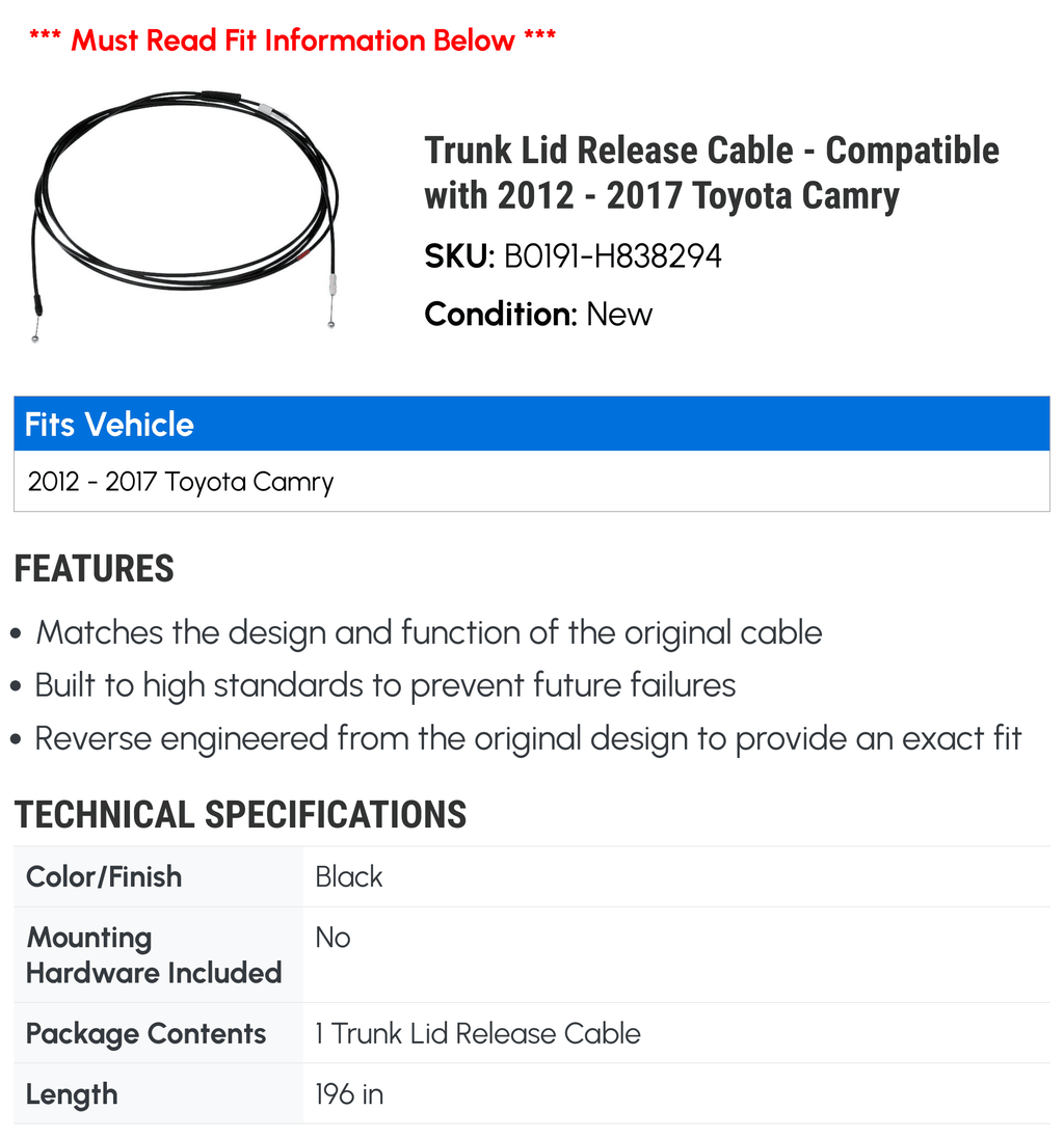 Trunk Lid Release Cable - Suitable with 2012 - 2017 Toyota Camry 2013 2014 2015 2016