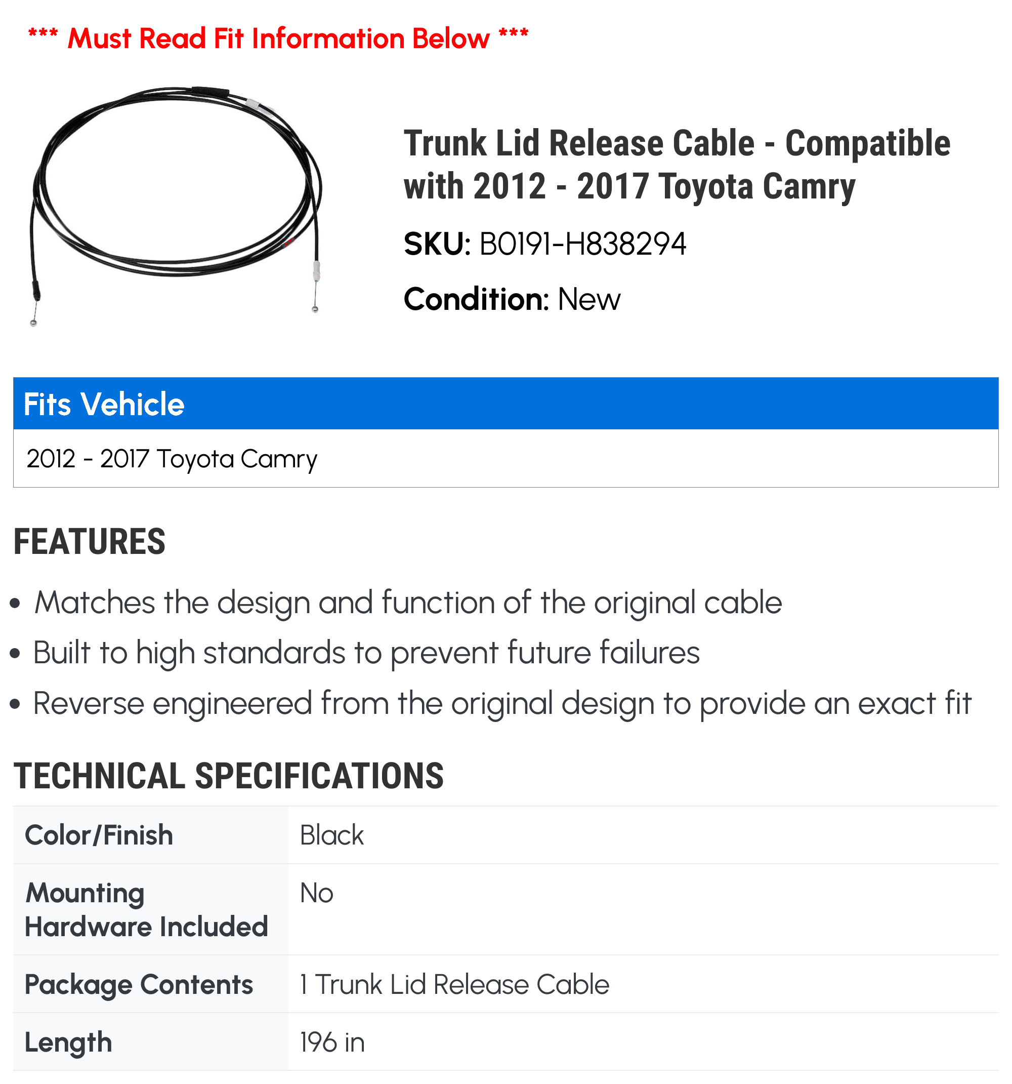 Trunk Lid Release Cable - Suitable with 2012 - 2017 Toyota Camry 2013 2014 2015 2016
