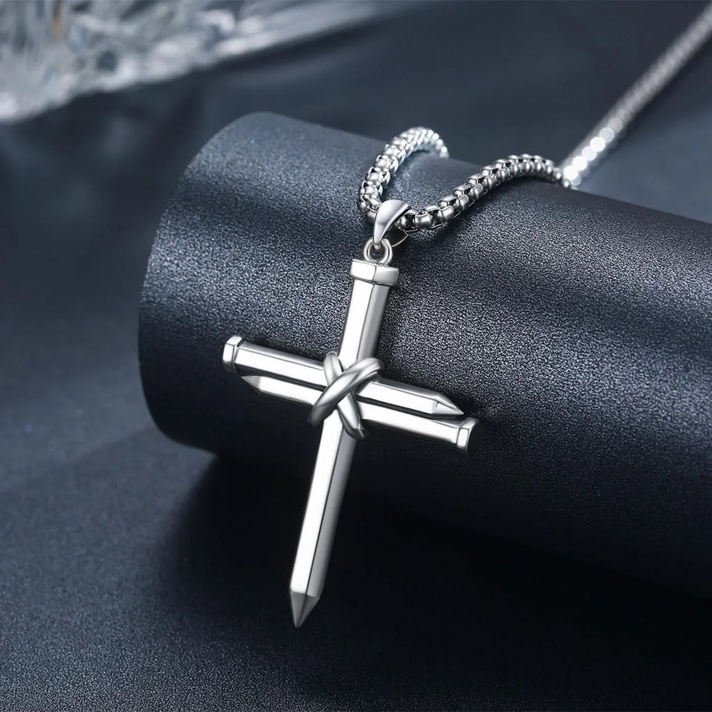 Midir&Etain Cross Necklace for Men Boys 925 Sterling Silver Nail Cross Pendant Necklace Solid Cross Charm Christian Jewelry Religious Graduation Gifts