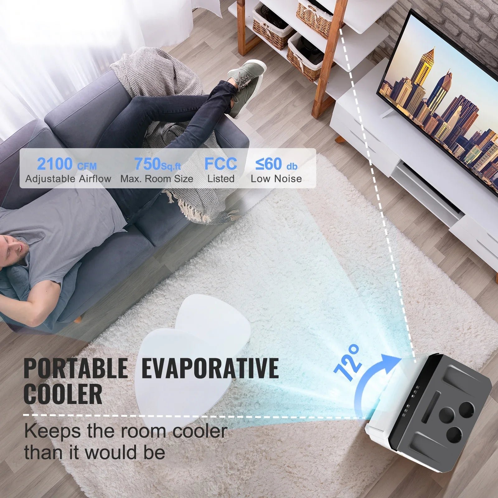 SKYSHALO Evaporative Cooler Swamp Cooler 3-in-1 2100 CFM 7 Gal 12h Timer Air Humidifier