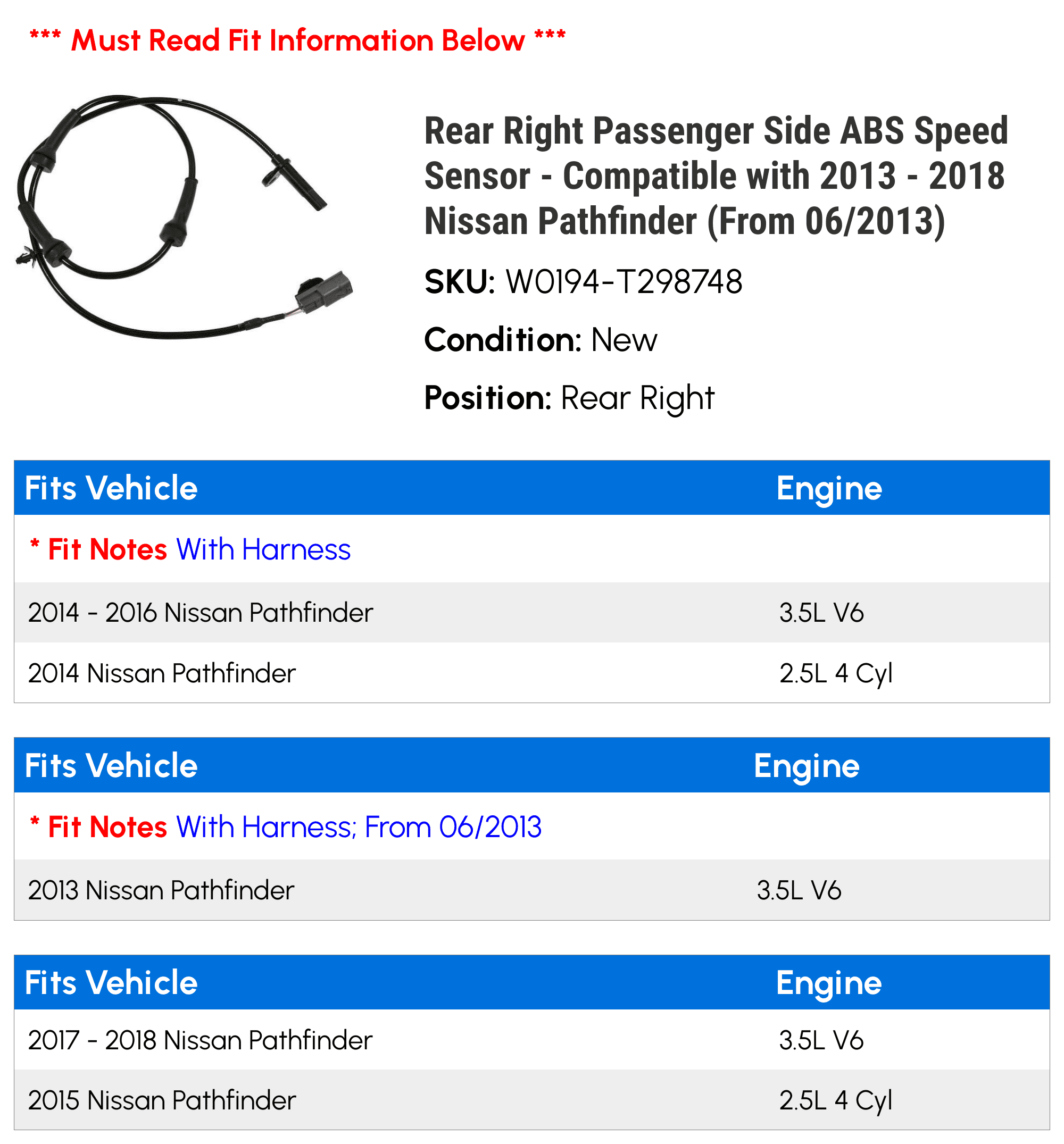 Rear Right Passenger Side ABS Speed Sensor - Suitable with 2013 - 2018 Nissan Pathfinder (From 06/2013) 2014 2015 2016 2017