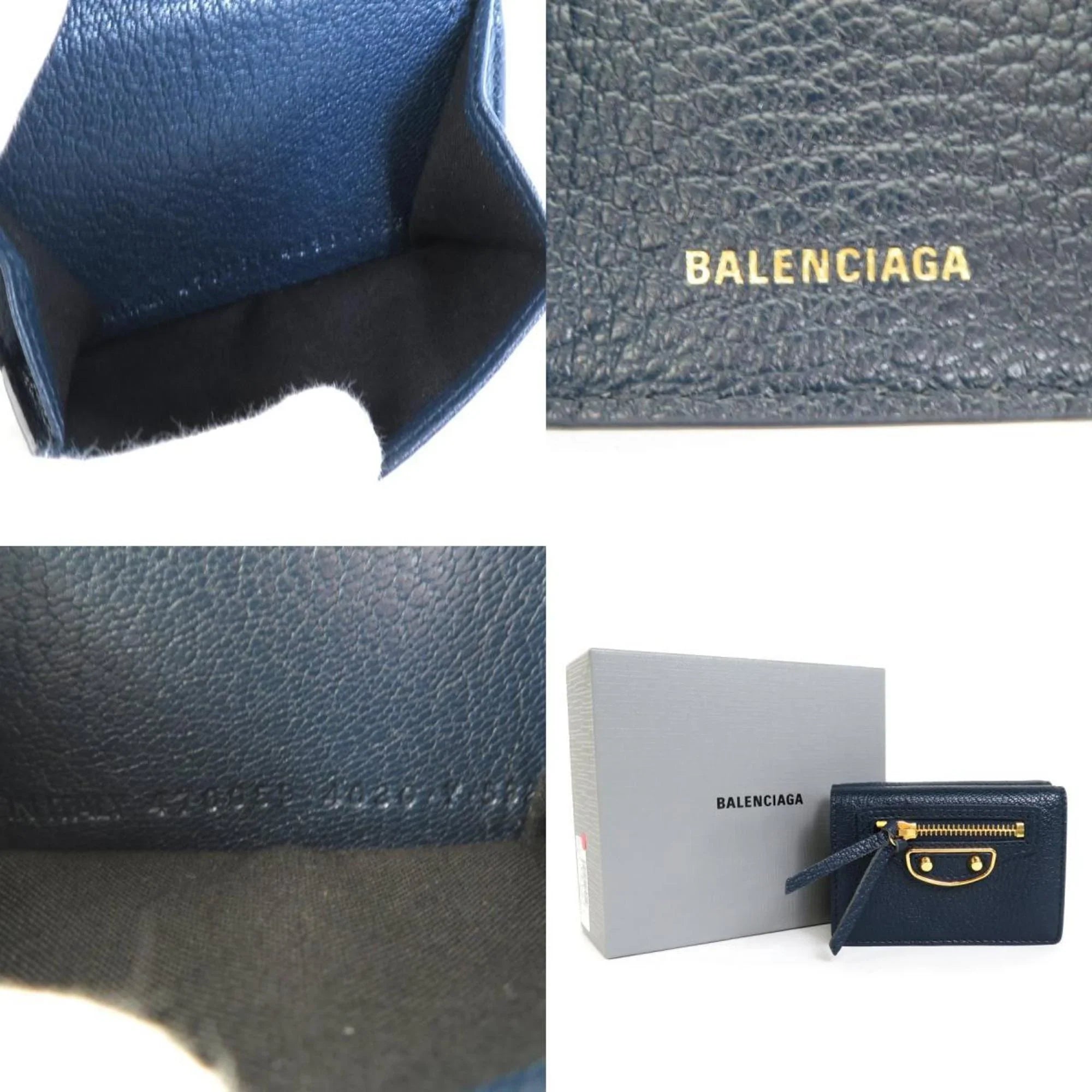 Pre-Owned Balenciaga BALENCIAGA trifold wallet mini leather navy gold (Good)