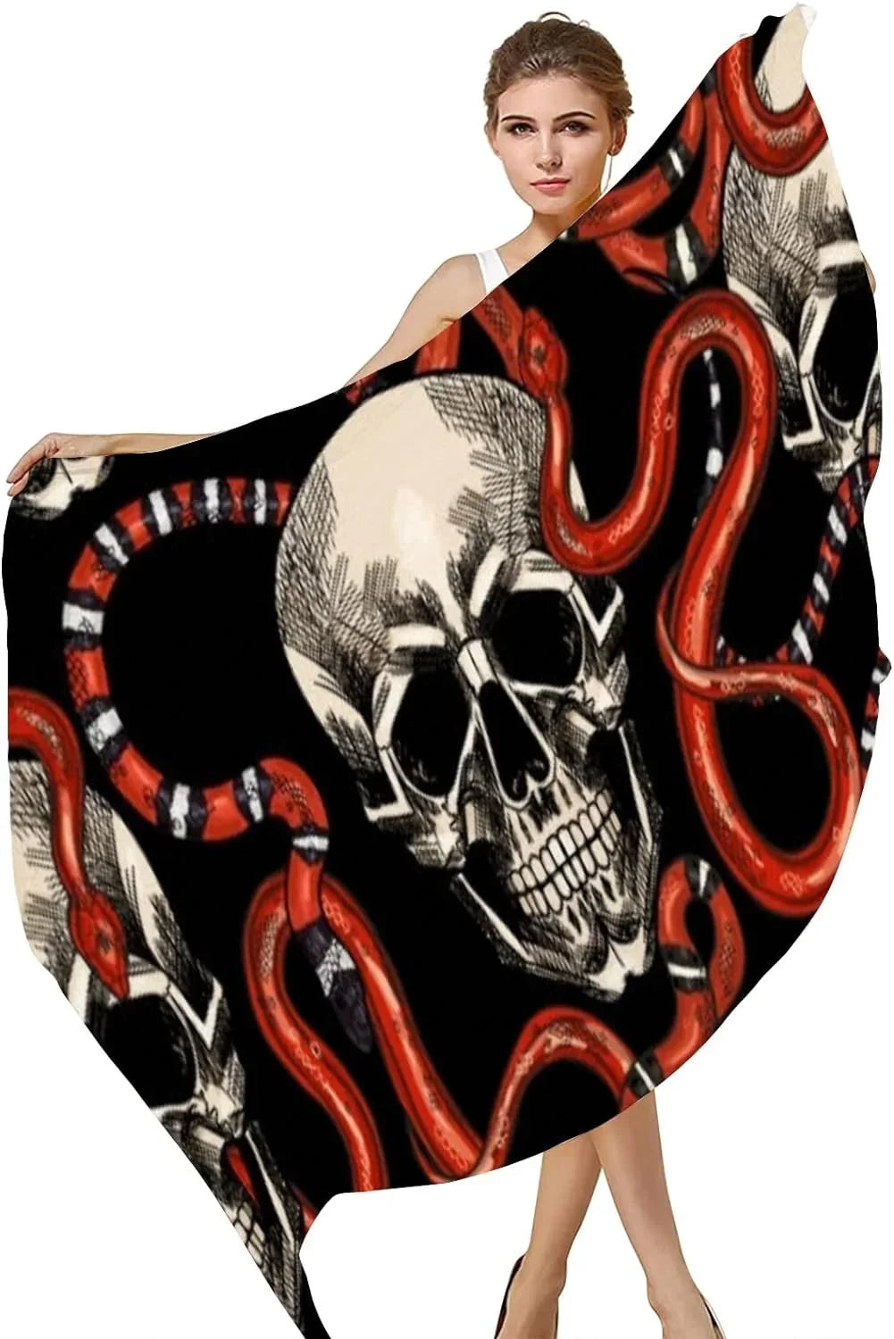 Hyjoy Skulls And Red Snakes Long Silk Neck Scarf Lightweight Shawl Wrap Scarves for Women Girls