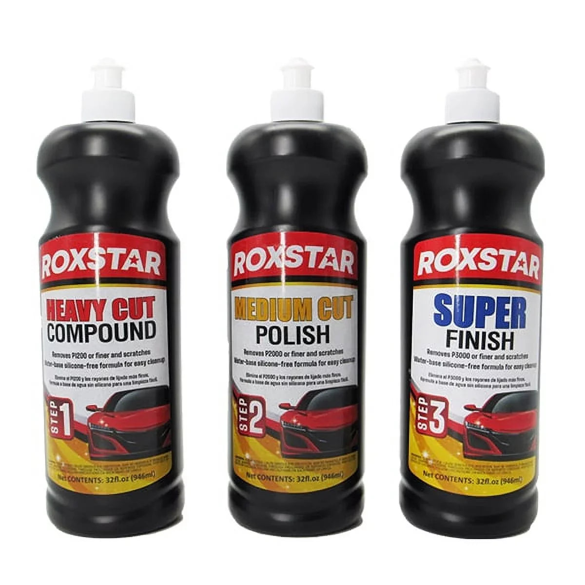 Heavy Cut Compound 1200 - Step 1, Medium Cut Polish 2000 - Step 2, Super Finish 3000 - Step 3