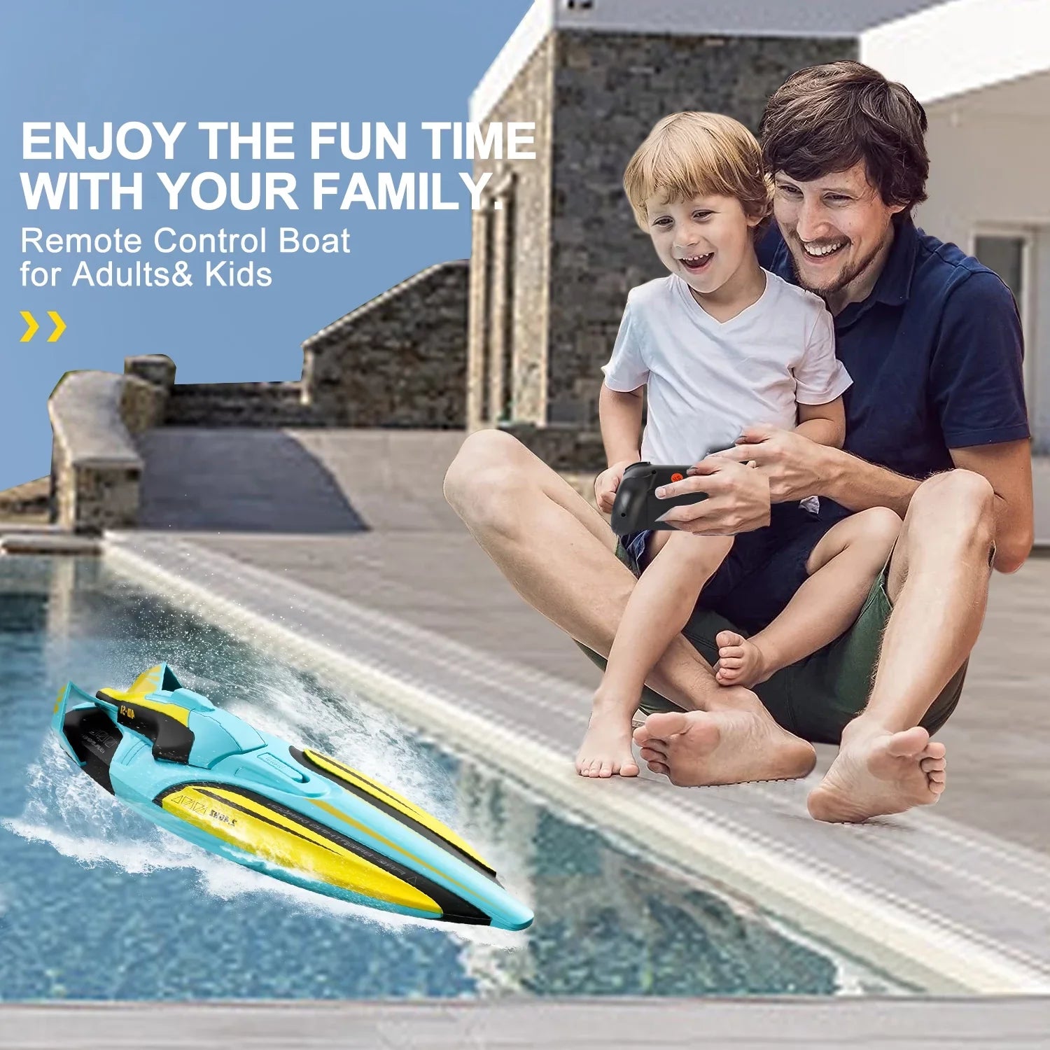 4DRC S1 RC Vessel - Remote Control Ship for Pools and Lakes, 4 Channel 2.4GHZ Remote Control, and Rechargeable Watercraft Battery，Yellow