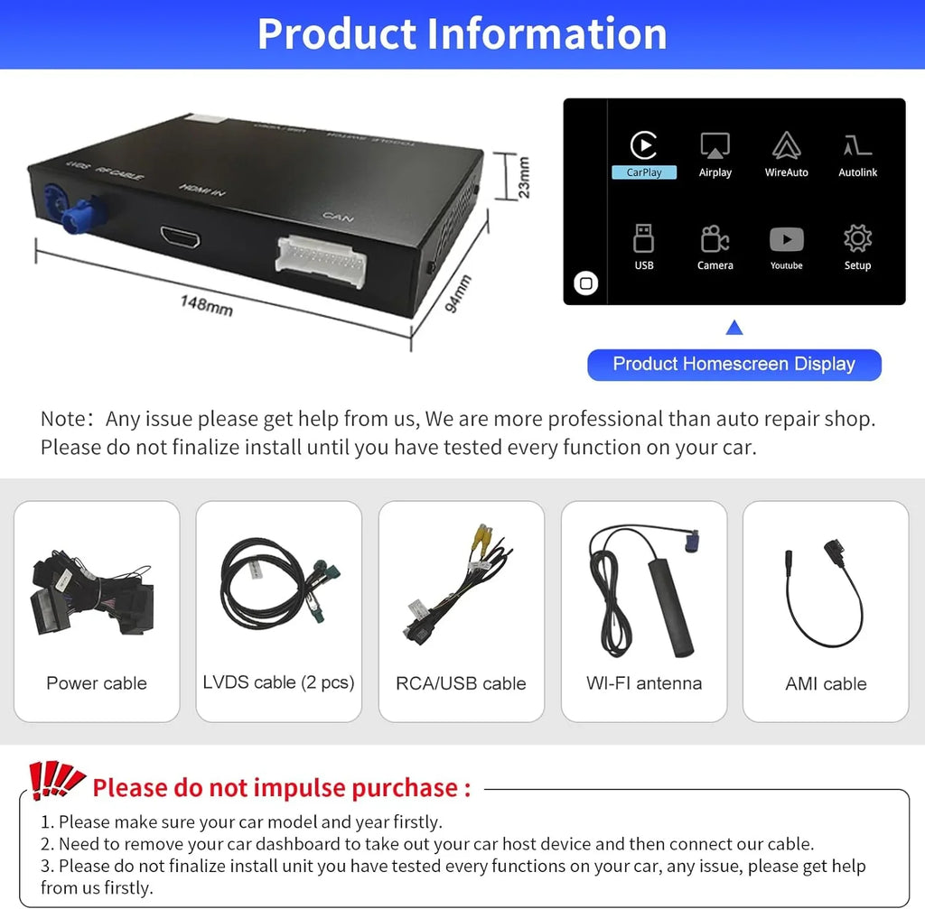 Road Top Wireless Carplay Android Auto Module for Audi Q3 2014-2018 Year with MMI 3G, (HN+ Car Software Version), Carplay Retrofit Kit Decoder, Support Mirrorlink, Camera