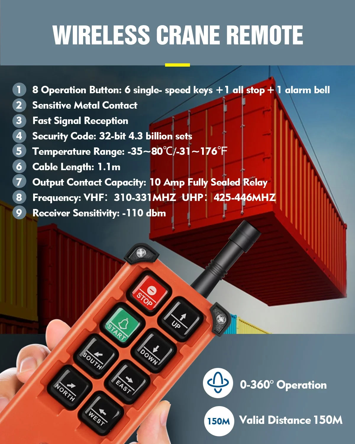 Crane Wireless Remote Control Switch DC 12V 8 Buttons Industrial Electric Lift Hoist Radio Crane Overhead Tower Bridge Crane Winch 2 Transmitter + 1 Receiver