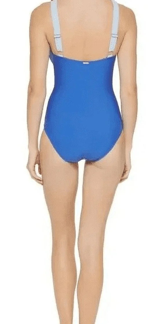 DKNY LAPIS Plunging Colorblocked One-Piece Swimsuit, US 6